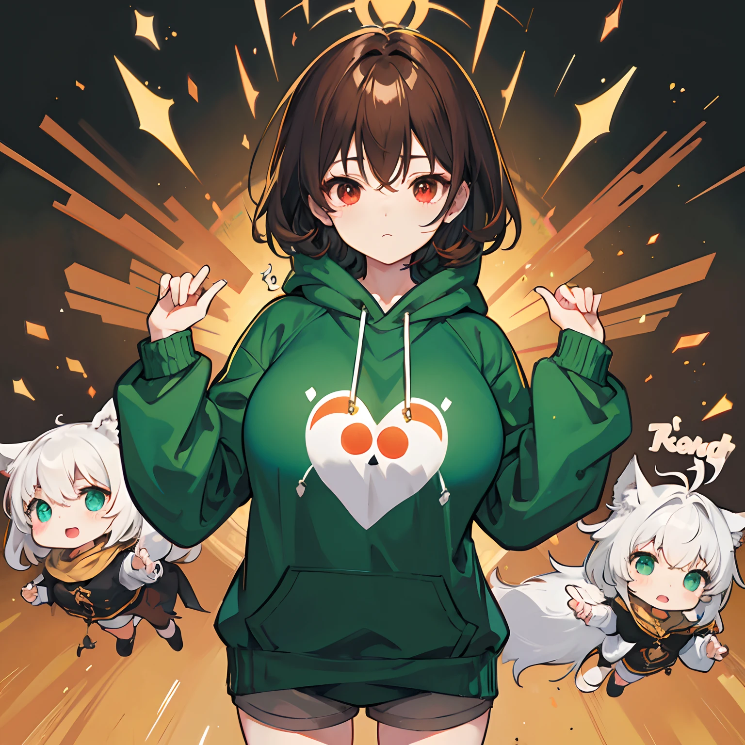 undertale，chara，solo person，Lone wolf，shadowy，guffaw，red - eyed，Sick，morden，Cold-blooded killer，Green hood，Green sweater，brown shorts，daggers，stocklings，Full body standing painting，with short brown hair，Be red in the face，Hand repair，the detail，k hd，Gold love heart necklace，Close to the original，illustration，CG，anime big breast，quadratic element（Optimal image quality，tmasterpiece，sexual appetite）