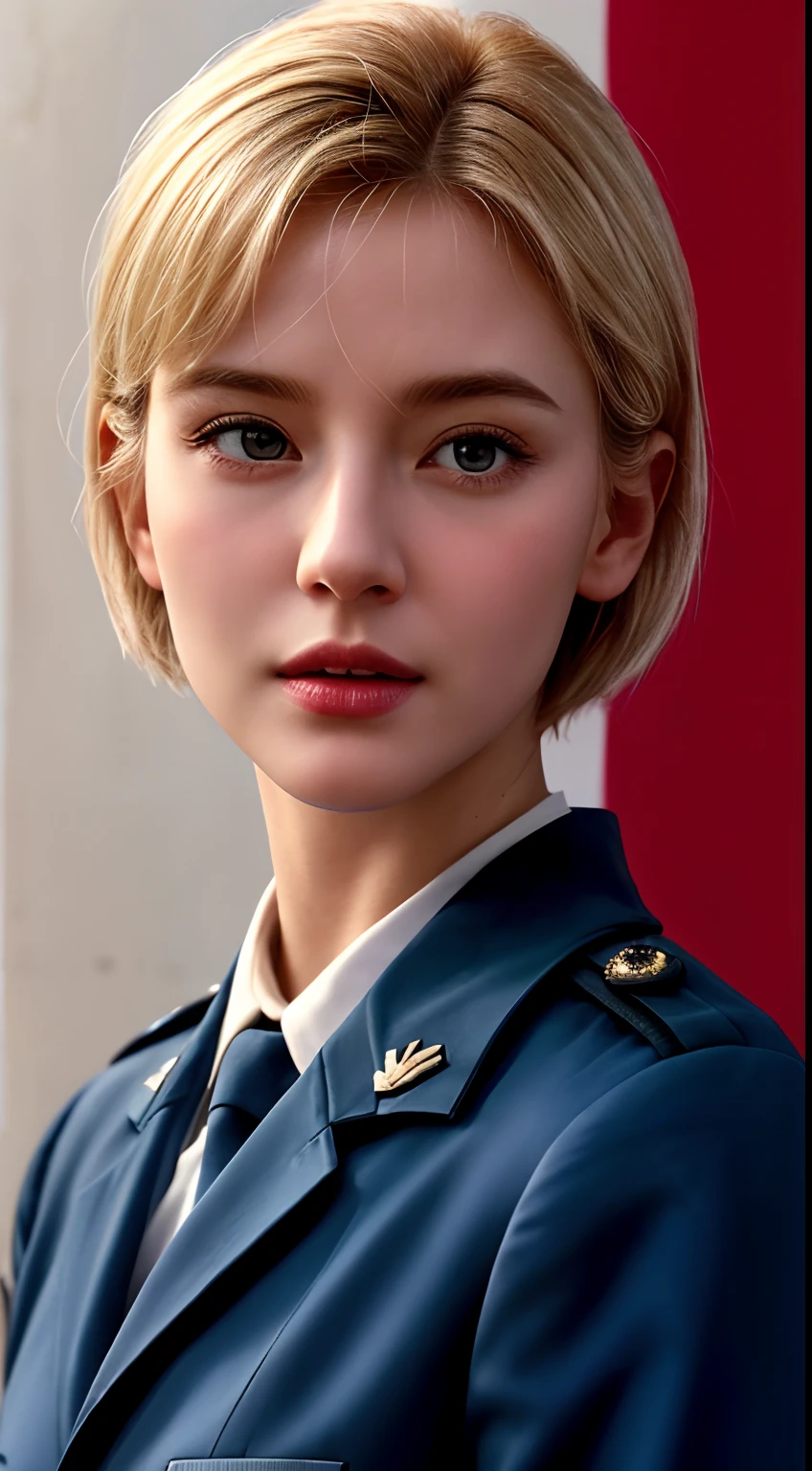 Movie Cover Image,Like a Real Person,Polite Dress,War War Fighter Action Cover Image),(Movie Reference Foundation : 1.8 ),Realistic,White Air Force General Uniform,(Realistic Face Resolution),Cinematic Poses,Skinny,Small,1 Womam, blonde short hair, midshot, centered image, ultra detail, extremely face detail, extremely eye detail