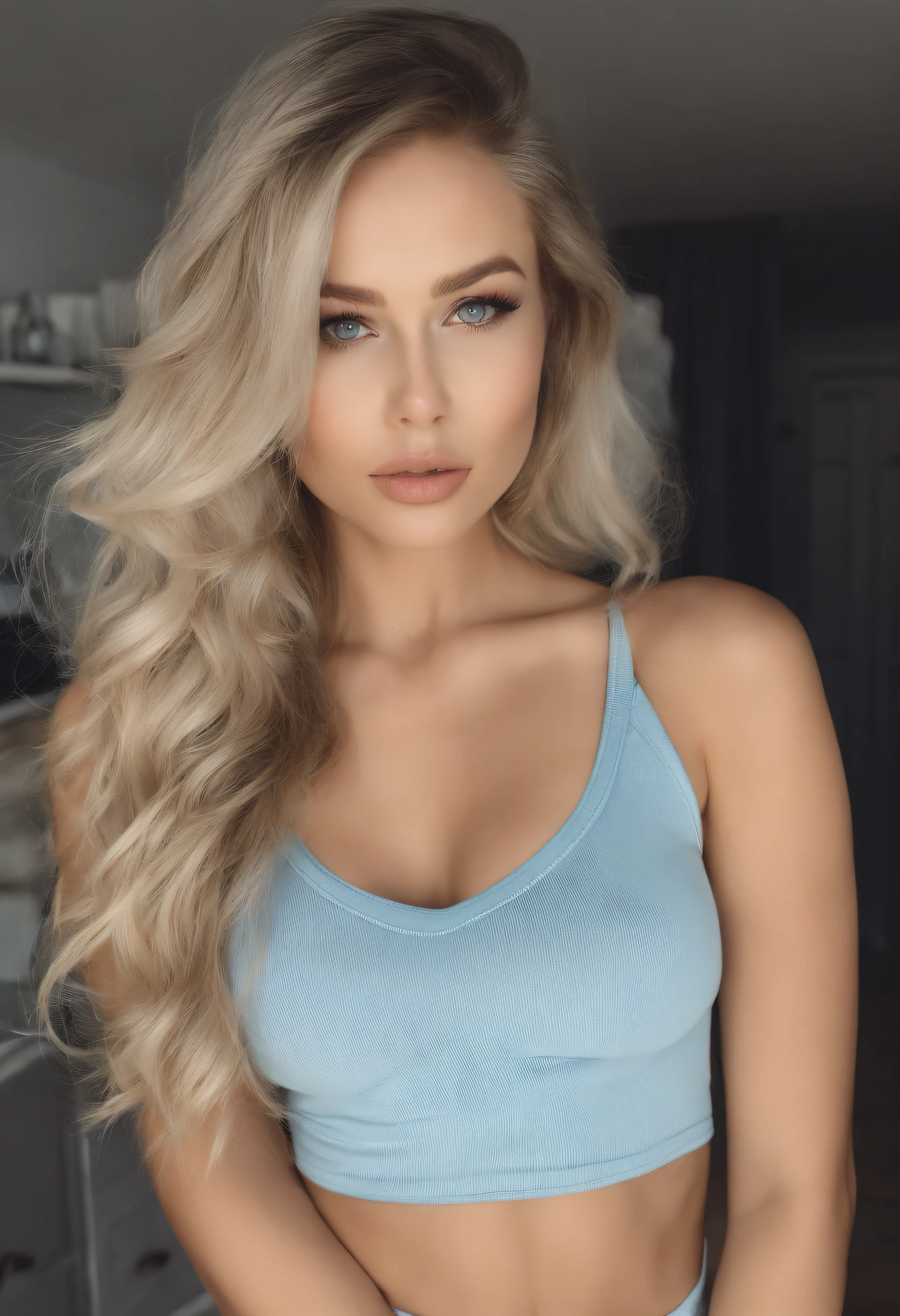 Woman with matching tank top and panties, Sexy girl with blue eyes, portrait sophie mudd, portrait corinna kopf, blonde hair and large eyes, Selfie einer jungen Frau, Augen im club Violet Myers, ohne Make-up, Natural makeup, Blick direkt in die Kamera, Gesicht mit Artgram, dezentes Make-up, Stunning full body shot, im Schlafzimmer, Spaltung