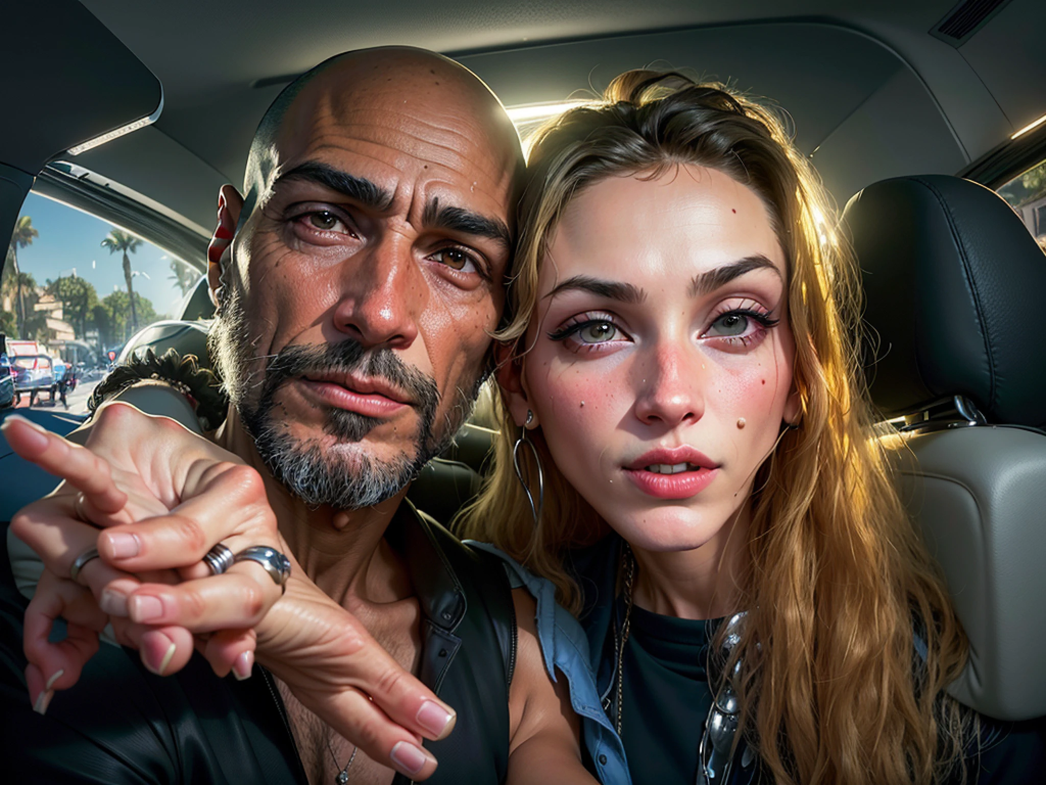 they are posing for a picture in the back of a car, giorgia meloni, simone graci, ney matogrosso with malice, by Alexis Grimou, with wart, stefano brunesci, gaspar noe, alessandro barbucci, momma and papa, 30-year-old woman from cuba, by Francesco Furini, by Alessandro Allori