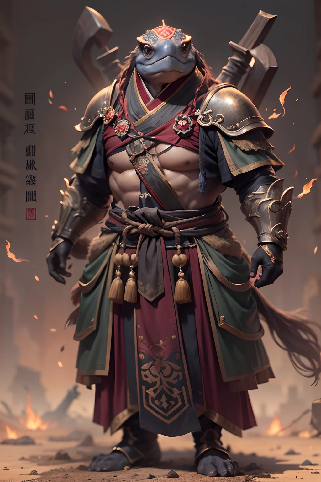 （anthropomorphic turtle），（Emperor Xingjun：1.4），coda，a tall body，Stout limbs，disdain，ran，tosen，The long hairs of the flame fluttered in the wind，combats，Dynamic lines，Dimly lit battlefield，Ruined castle，（stereoscopic perspective：1.4），Works of masters，super-fine，4K分辨率，high qulity，电影灯光，High picture detail，Detailed pubic hair，Epic shooting，Clearly focused hair，Detailed hair depiction，acurate