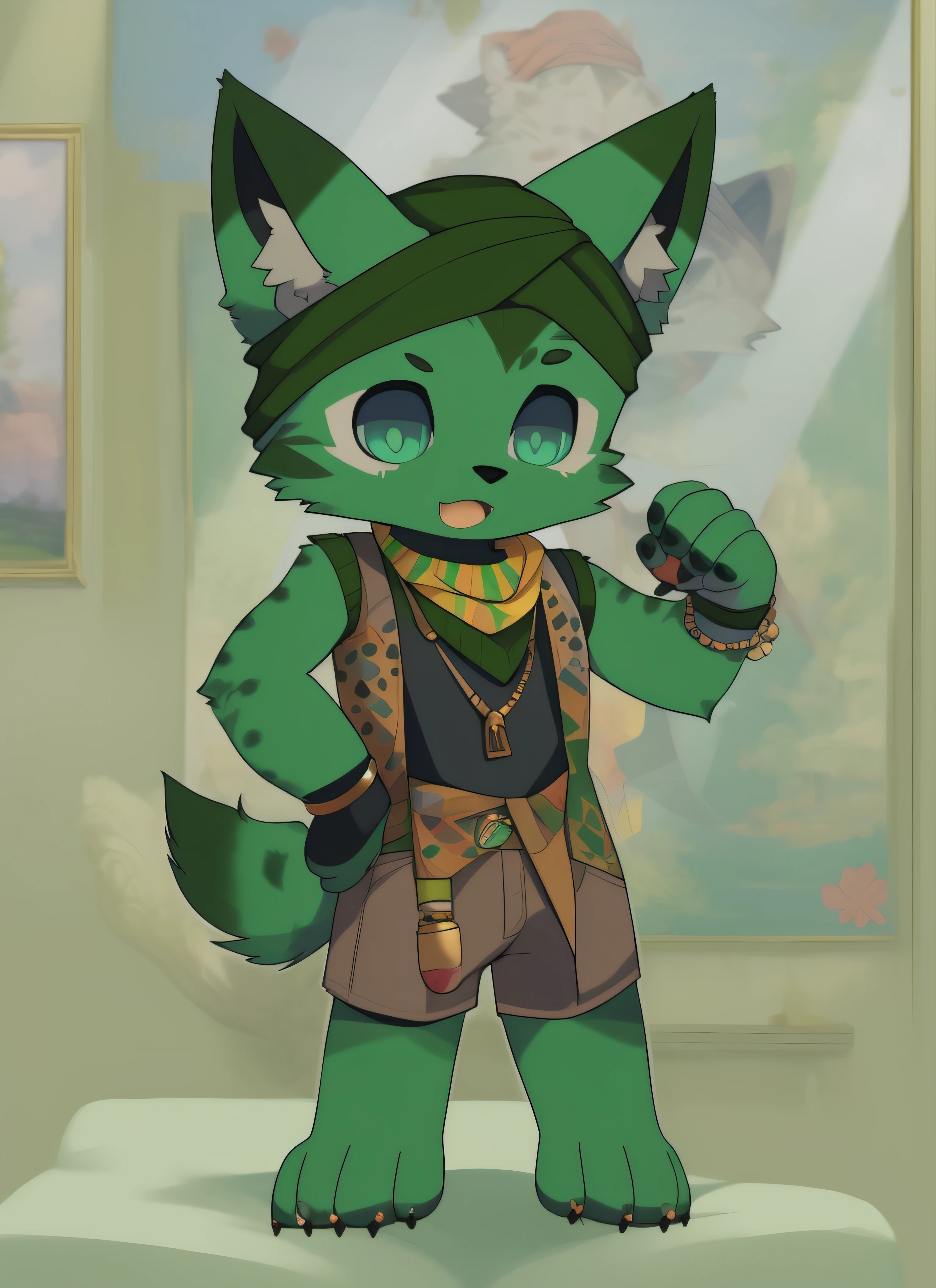 There is a painting,A green cat wearing a turban and vest, fursona wearing stylish clothes, professional furry drawing, fursona commission, furry fursona, hyena fursona, fursona furry art commission, fursona art, generic furry style, Furry character, furry mawshot art, an anthro wolf, wolf fursona, fursona!!!!