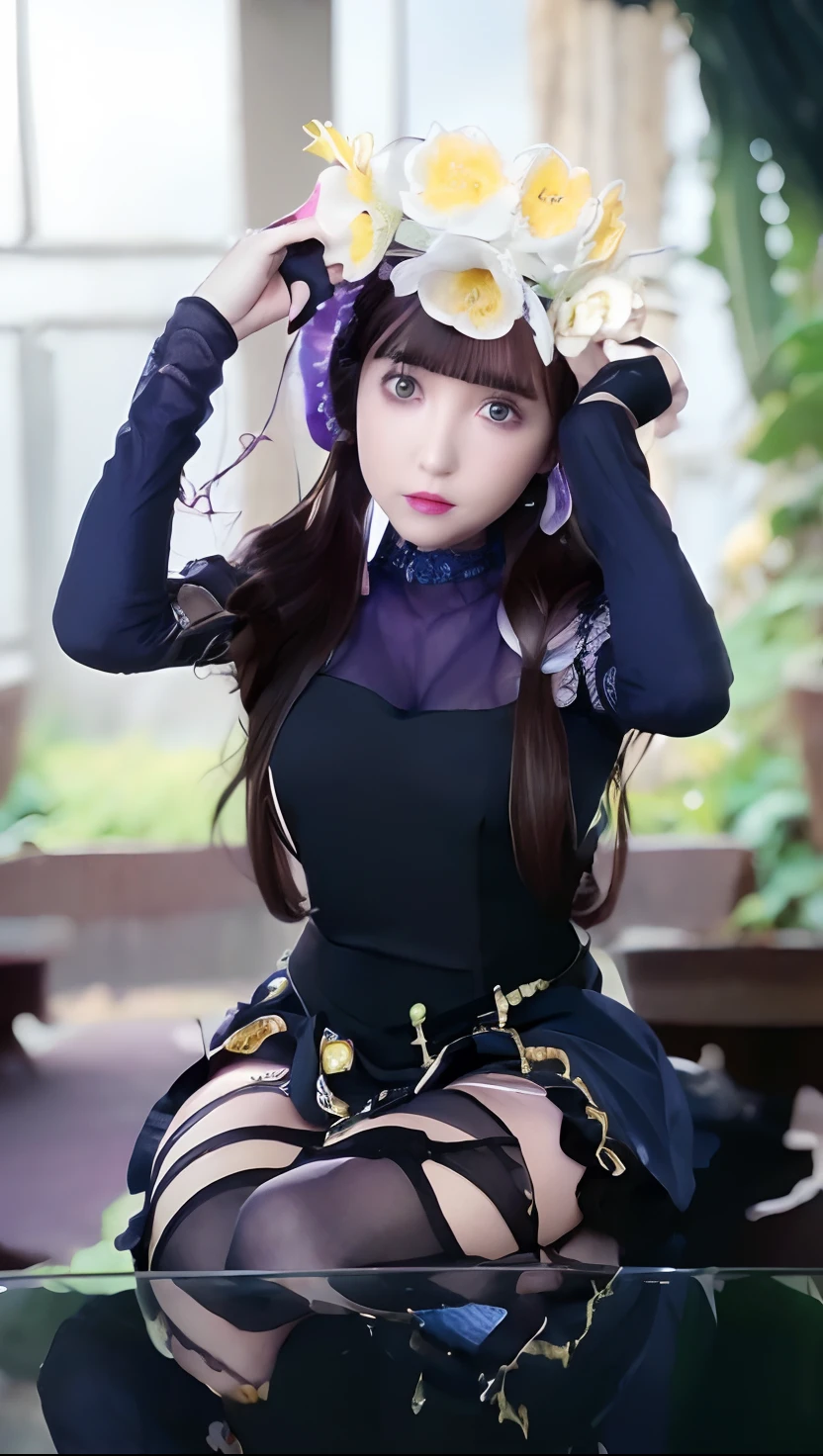 (absurdres, highres, ultra detailed), masterpiece, hinata(boruto), ((solo)), 1girl,medium breasts, long purple victorian style dress, closed mouth, (((long hair))),standing, the bodice and the skirt pattern, frill skirt, lace, blink blink effect, (((detailed lips))), garden, pink and yellow flowers,  ((realistic skin)), glowing skin, ((glossy red lips)), purple eyes, portrait, beautiful, smile, (((dark blue hair))), bust crop, normal skin