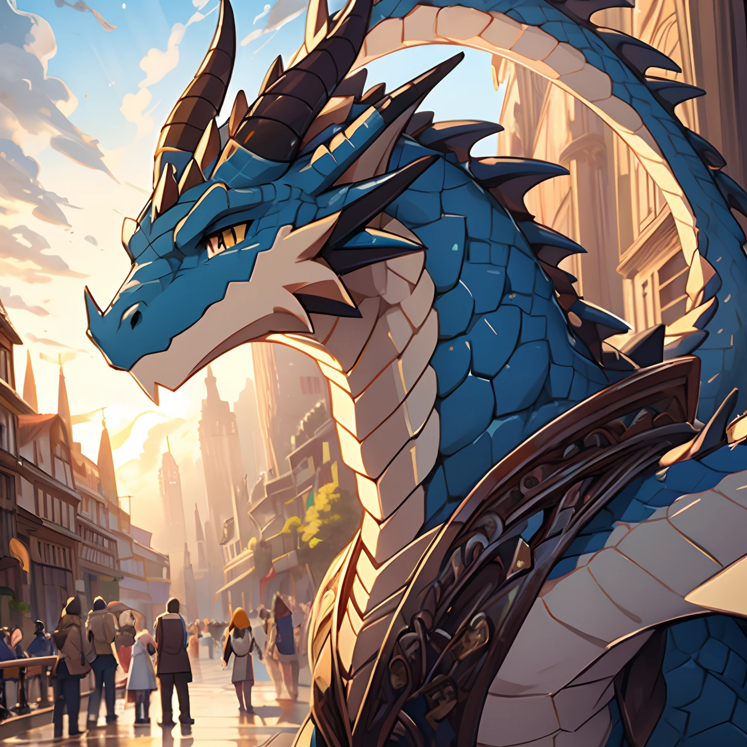 (Masterpiece), (Excellent), (Extremely fine), White dew, Square, spectator, Dragon tail horn,