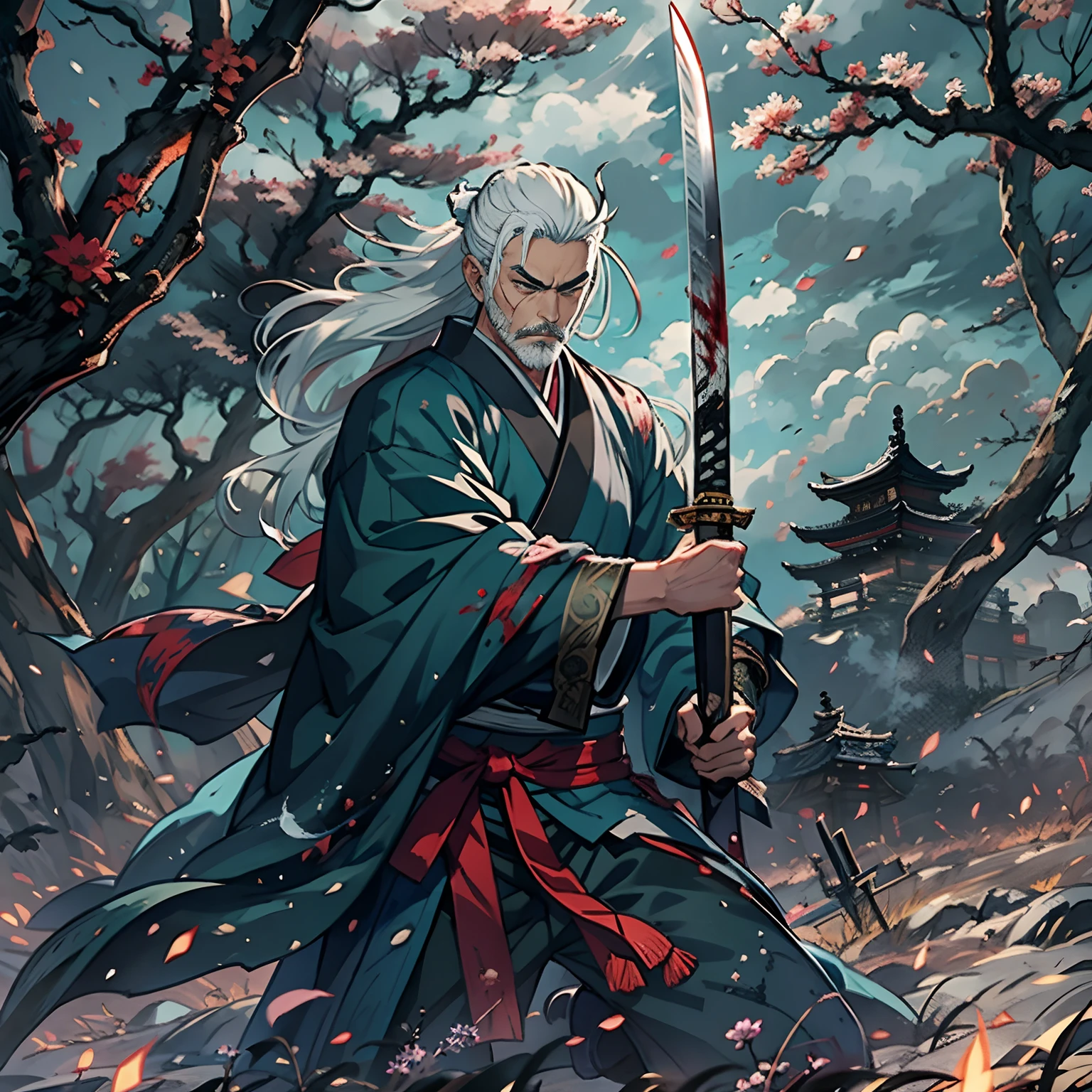 The Sword Saint Ichigami is a legendary warrior and founder of the Ashina clan. He is an old man with white hair and a beard, wearing a blue kimono with a black pattern and a white cloak. He carried a katana and a spear. He also had a gun hidden in his sleeve. He waits for Sekiro on the large meadow, who fights his grandson Genichiro Ashina for the first time. The fields were littered with blood and the bodies of soldiers killed in battle. The sky was dark, stormy, and occasionally lightning. Isshin appears from Genichiro's body after sacrificing himself to use the Black Mortal Blade to resurrect Genichiro. He respects Sekiro as a worthy opponent and challenges him to fight a final duel for Ashina's fate. moon, dark theme, light, fantasy,