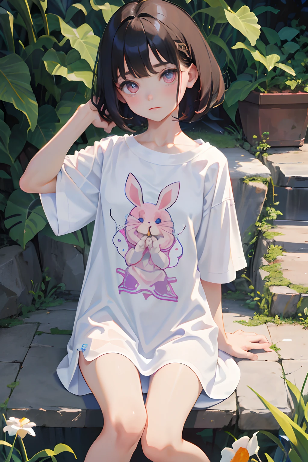 (Knees,crouching down),(masterpiece,Highest Quality),(),((Long white T-shirt with rabbit print,Light short-sleeved dress)),(A dark-haired,Medium bob),Light pink eyes,embarrassed from,sleepy expression,Delicate body