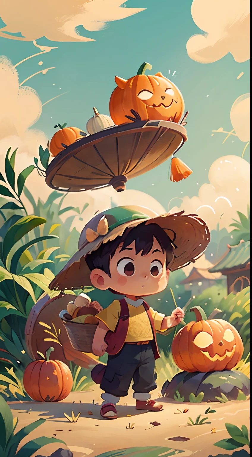 Chinese tide illustration，A child stands next to a bamboo basket，Holding a pumpkin in his hand，Wheat，Auspicious clouds，Background with gold gradient，Chinese mythology，detail-rich