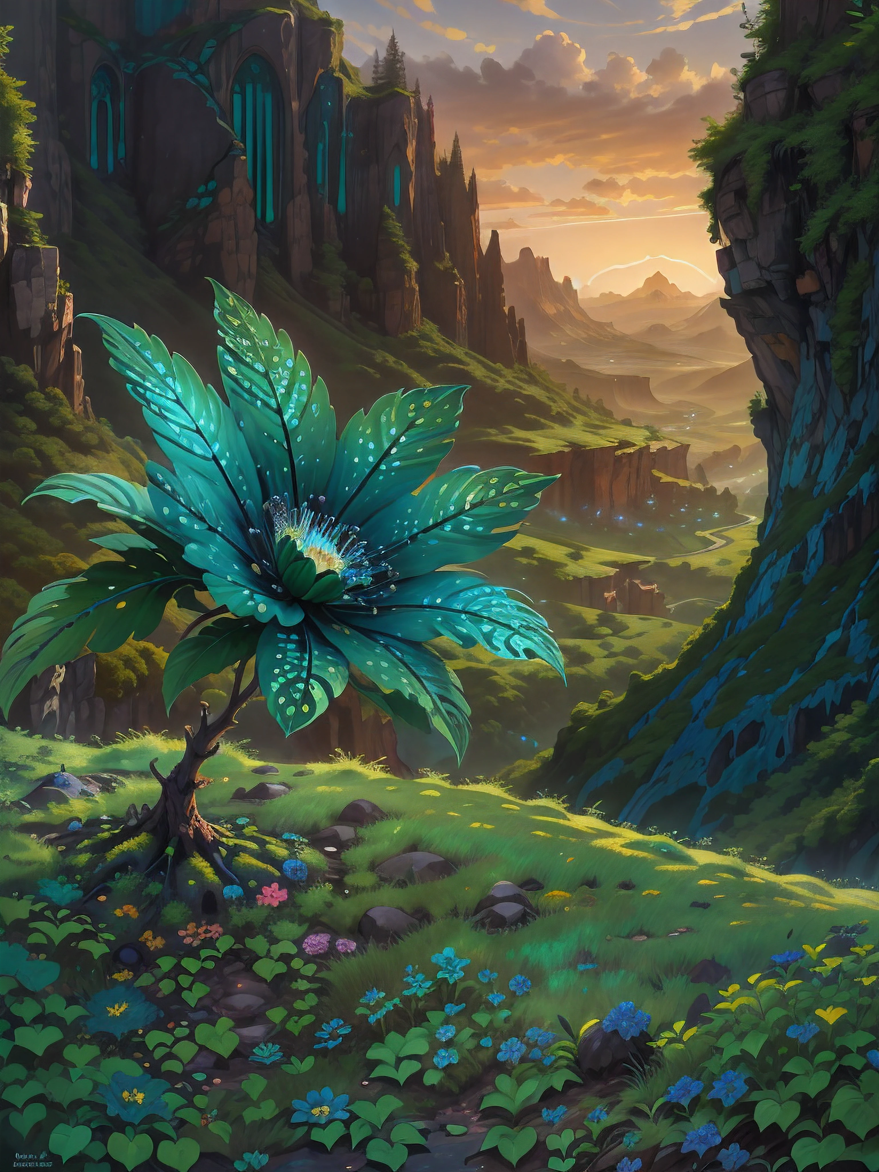 complex art, a valley on Mars with a flower-covered mountainscape at sunset, in the foreground, a silky, shiny green blue black-petaled flower with transparent glistening dewdrops cascading between its leaves, rooted in stone on the edge of a mountain cliff, exquisitely detailed, captivating, expertly composed, harmonious color palette, evocative