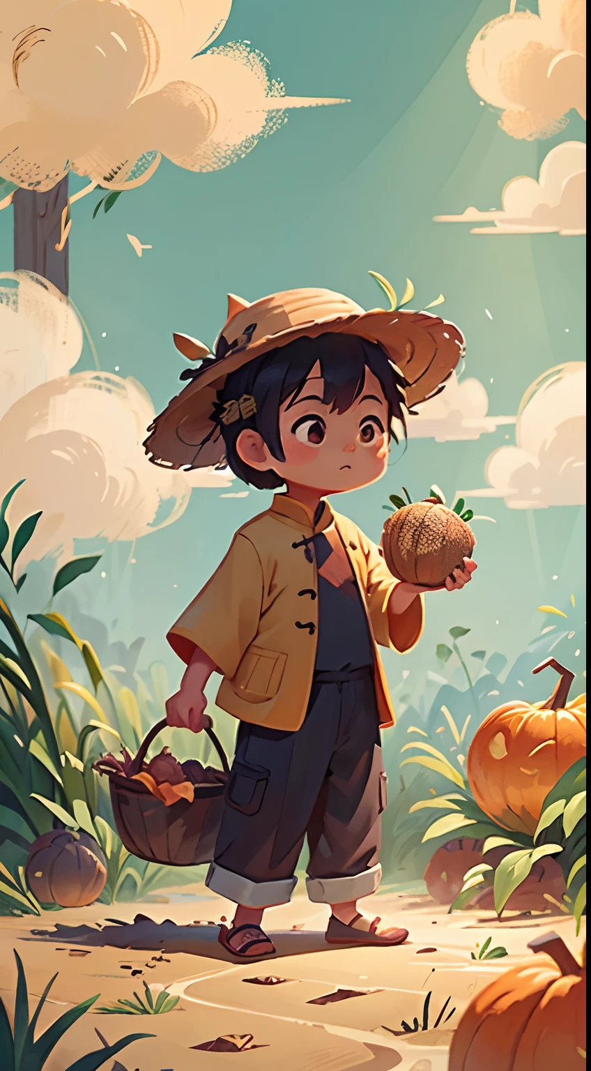 Chinese tide illustration，A child stands next to a bamboo basket，Holding a pumpkin in his hand，Wheat，Auspicious clouds，Background with gold gradient，Chinese mythology，detail-rich
