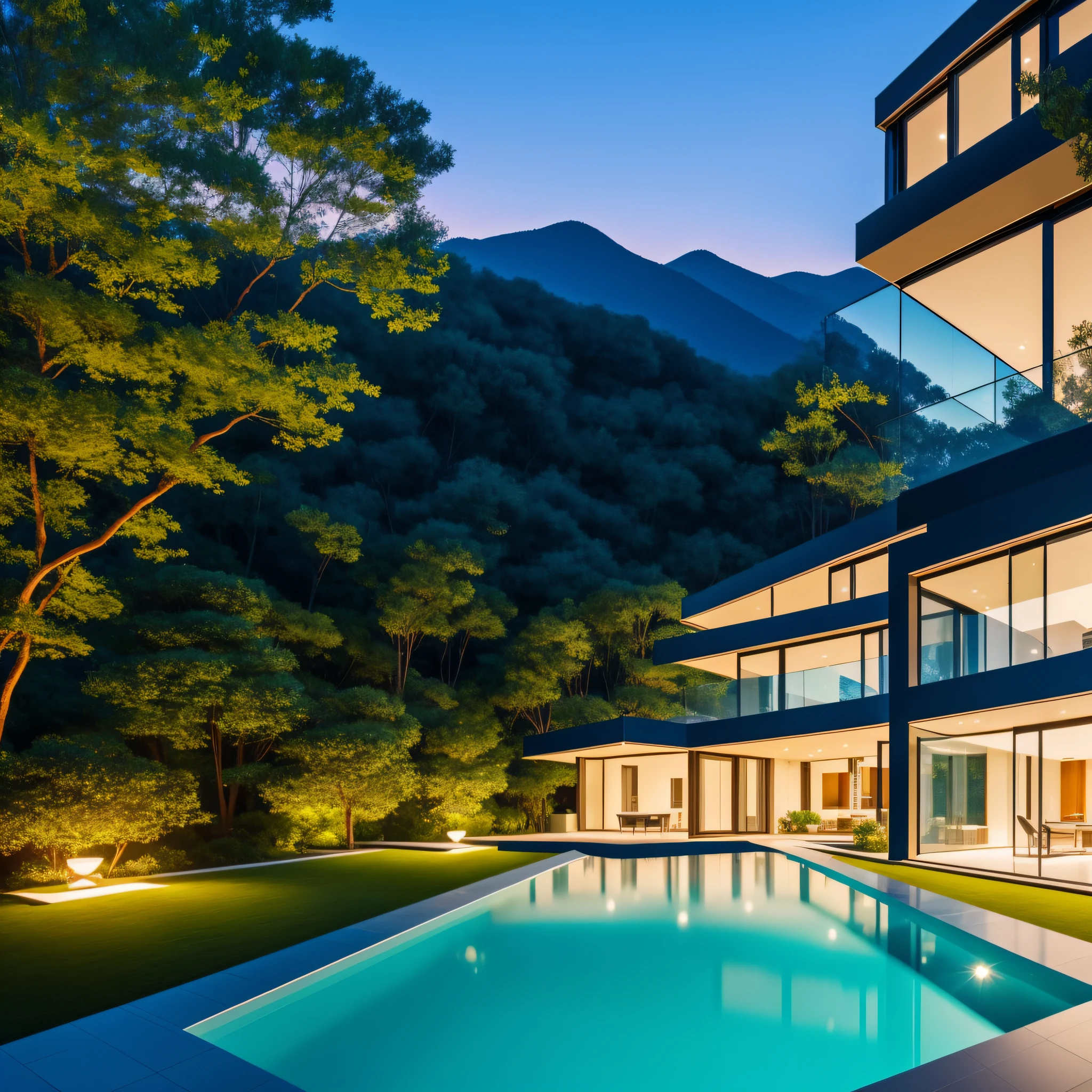 (superwide shot),(Best Masterpiece),in 8K,Modern rectangular glazed villa in the middle of a hill,Wide windows,densely wooded,Leaves are blue々and,The stream is babbling。The visuals are beautiful and beautiful,Night lighting effects