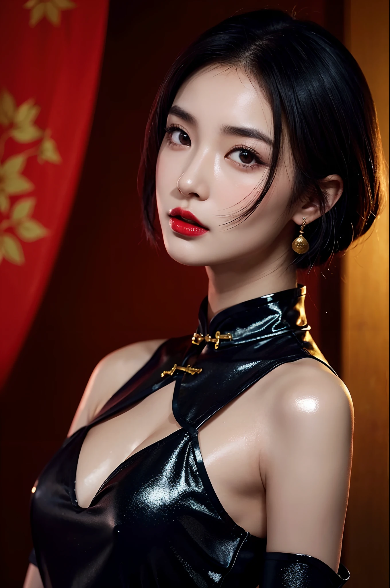 1girls,shrubs,Girl-Girl, china dress, black cheongsam dress, Blunt haircut, (masterpiece:1.4), (bestquality:1.4), (oily shiny skin), Red lips, looking at the audience, Big breasts, cleft lip, close up shot, out-door,