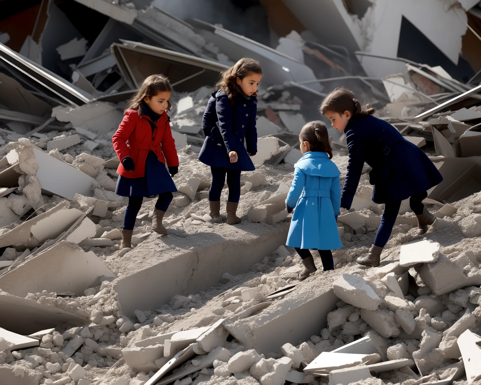World War II era,Two Jewish girls look for food in the rubble