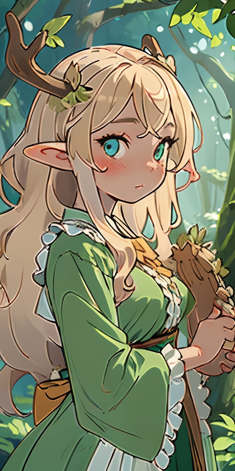 (masterpiece, best quality), 1girl, intricate details, blonde, leaf, wavy hair, looking at viewer, elf, upper body, forest, frills, mist, deer antlers,