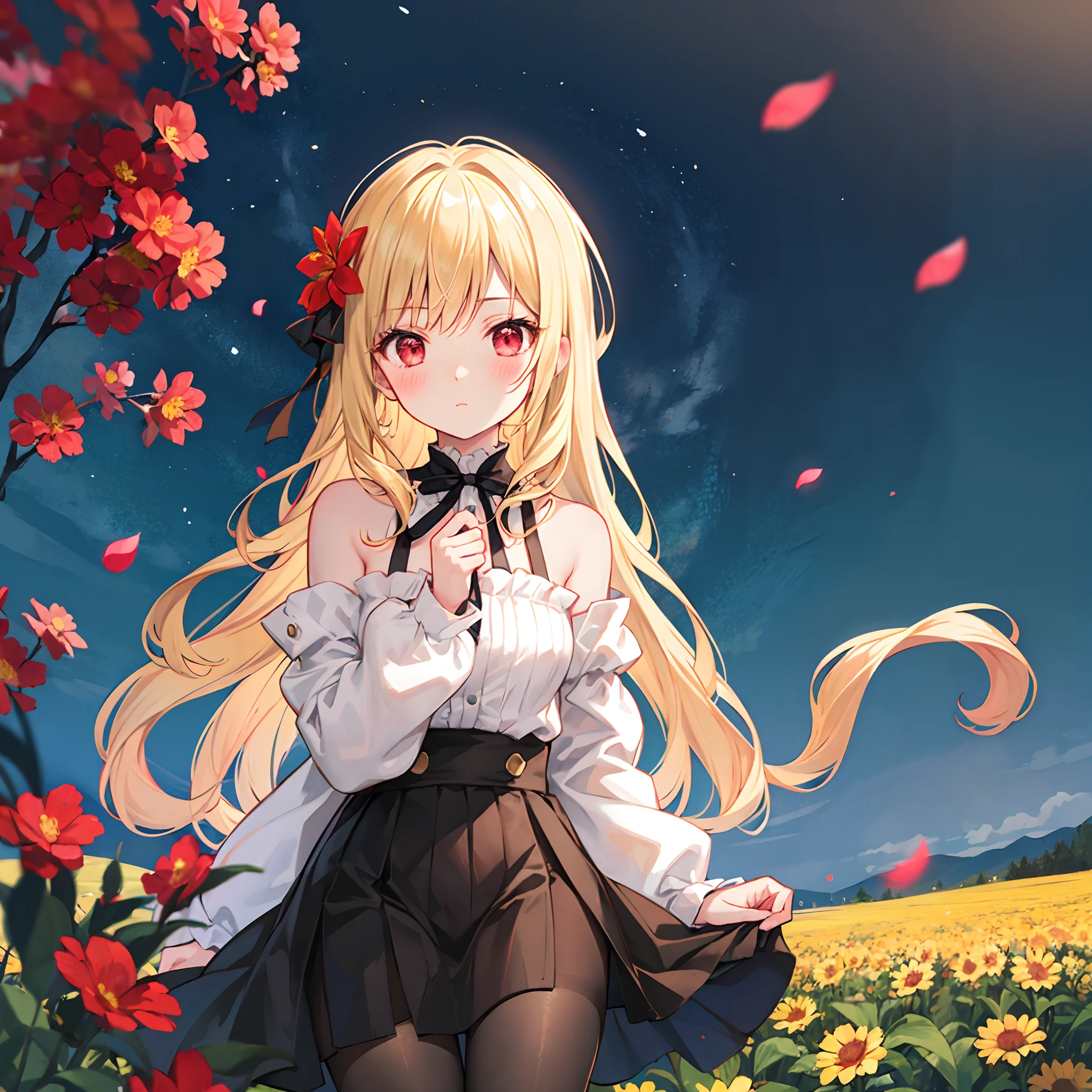 Wavy blonde、red eyes、Beautiful girl alone、red blush、Fluffy clothes、off shoulders、Black tights、flower field