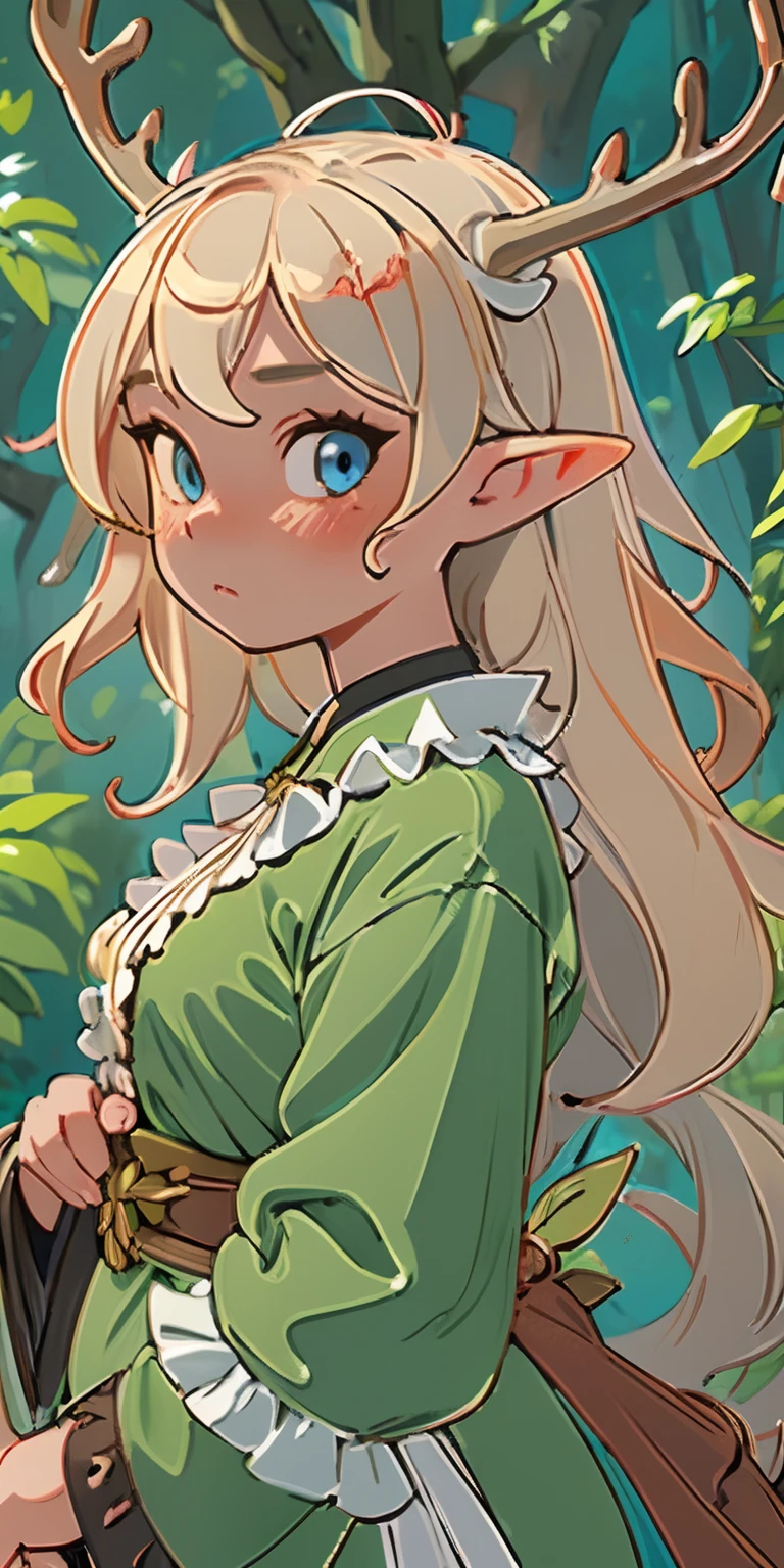 (masterpiece, best quality), 1girl, intricate details, blonde, leaf, wavy hair, looking at viewer, elf, upper body, forest, frills, mist, deer antlers,