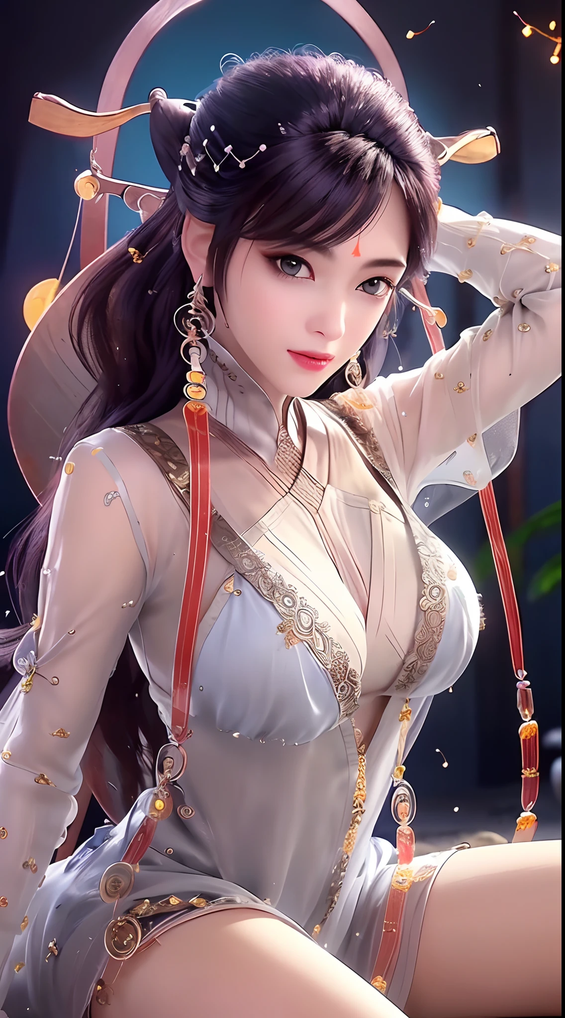 "(((1 beautiful and super sexy:1.8))), 20 year old young girl, ((masturbation:1.6)), ((hot erotica:1.5)), ((wearing a transparent silver nightgown with sexy white lace trim:1.7)), (((Transparent nightgown can see each part of the sexy girl's body:1.7))), ((a dress with diamonds:1.7)), ((long black hair:1.6)), jewelry elaborately made from precious stones and beautiful hair, the noble, noble style of an extremely beautiful girl, her small face is super cute, her face is very pretty, thin eyebrows, flawless beautiful face, ((black eye pupils: 0.8)), very beautiful eyes, ((silver eyes: 1.6)), (((big round eyes:1.6))), nice makeup and hair detailed eyelashes, steamy eye makeup, high nose, earrings, red lips, ((closed mouth: 1.5)) beautiful lips, slim hands, most beautiful thighs, ((arms spread out to the sides: 1.5)), rosy face, clean face, flawless beautiful face, smooth white skin, (big breasts: 1.5)), ((high breasts: 1.6)), tight breasts, beautiful cleavage, (((big breasts and super round: 1.8))), ((super tight breasts: 1.7)) , beautiful breasts, perfect body, back arms, chest out, ((sitting position with chest up and arms behind: 1.5)), ((open your legs in front of the audience and viewers:1.5)), don't be shy, 8k photo, super high quality, super realistic, super 10x pixels, bright studio, bright edges, dual-tone lighting, (high-detail skin:1.2), super 8k, soft lighting, high quality, volumetric lighting, photorealistic, photorealistic high resolution, lighting, best photo, 4k, 8k quality, smooth sharp, 10x pixel, ((Beach at night and fireflies background:1.5)), aurora, lightning, super graphics realistic, most realistic graphics, 1 girl, alone, solo, Extremely sharp image, surreal, wide angle, face focus, ((frontal portrait:1.6)),