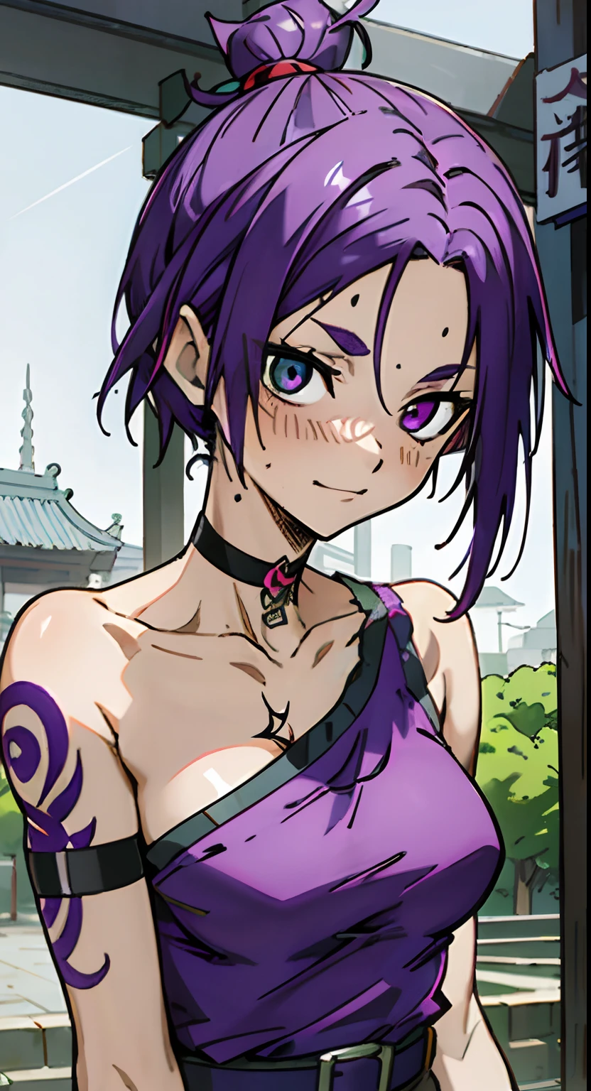 masutepiece, Best Quality, Ultra-detailed, Colorful,Up-close, Hyper-detailing，purple color  hair, Reo Mikage, Blue Lock, no sleeves, Camisole and cheongsam, chinese clothes, Chest exposure, Underwear, Ruffled underwear, Metamorphosis is exposed, Choker, Black Choker, arm warmer, wristbands, Belt wristband, Relative area, The tattoo, arm tattoos, Dragon tattoo, body tattoo, face tattoo, Sexy breasts, Scar, Big breasts, red blush, 1girl in, Solo, Sharp face, Heterochromia, Green eyes, Purple eyes, Bare neck, Happy face, rays of sunshine, Brave Sky, shining sky, Shanghai Village, Slums