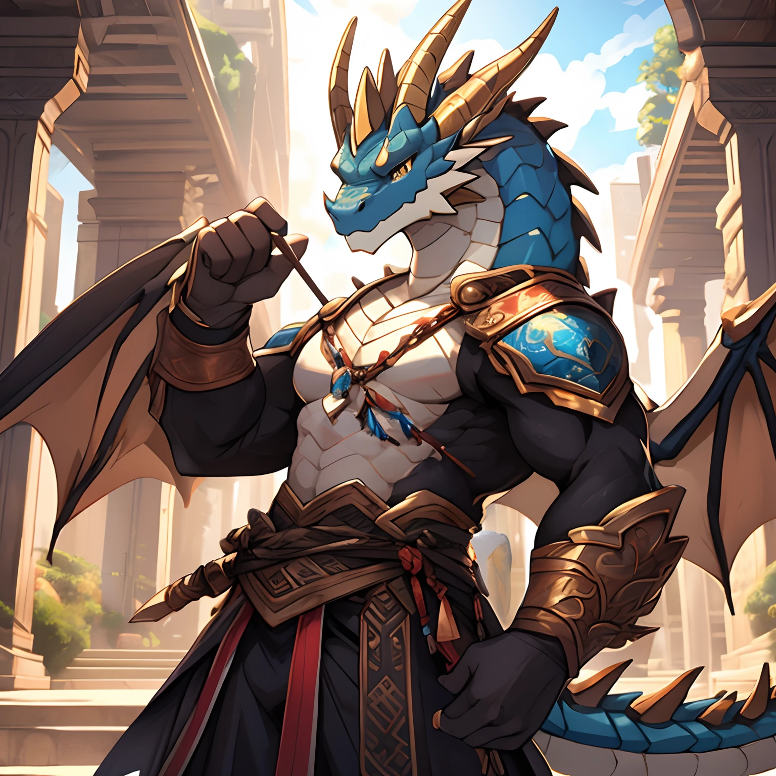 uploaded on e621, (male anthro dragon), standing, solo, muscle, detailed scale texture, old castle, (battlefield), (tribal clothing, ((long loincloth))), (shoulder armor, leg armor), (blue body, white belly), (art by chunie, (drakgem), ((rakisha)), (kontanagamori)), (front view), looking pleasured, [simple background], detailed pupils, masterpiece artwork, caustics, rim lighting, single light source, sharp shadows, solo portrait, (digitigrade), (kemono), by inessa garmash, greg rutkowski, pino daeni, ruan jia, (light particles), rose petals, 2 wings, horn