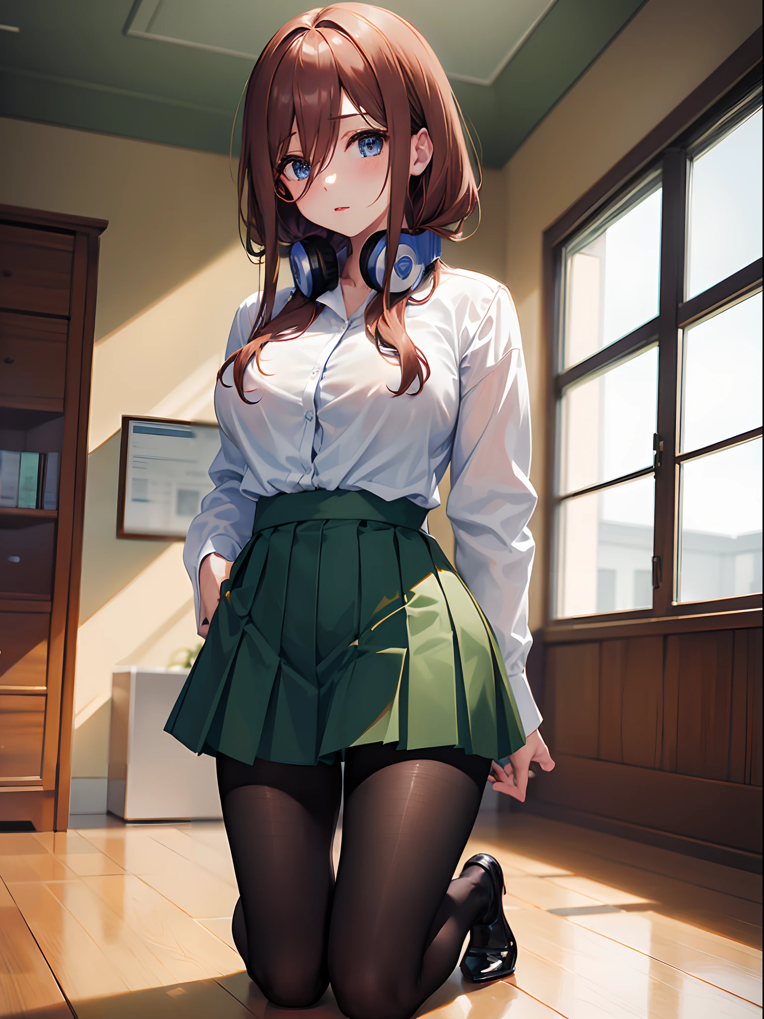 (((masterpiece, best quality, highres))), nm1, headphones around neck, brown hair, blue eyes, blush, school uniform, white shirt, collared shirt, long sleeves, (green miniskirt, green pleated miniskirt), ((pantyhose, black pantyhose, see through)), large breast, (cleavage), large boobs, indoors, (sitting, on knees, kneeling down), classroom, blur background, ((cowboy shot)), alluring face, 4k