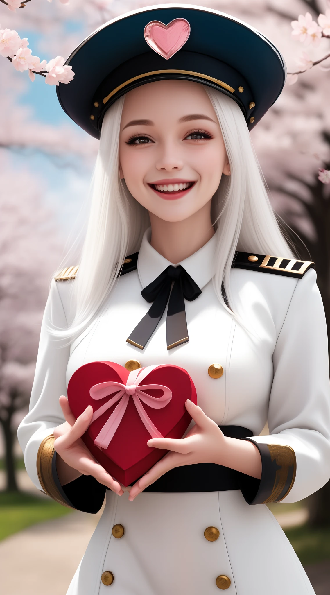 vibrant colors, girl, masterpiece, sharp focus, best quality, depth of field, cinematic lighting, ,white captain outfit, hat, long hair, white hair, red eyes, laughing, smile, medium breasts, cherry blossom, outdoors, holding gift, giving gift, holding heart shape gift,
