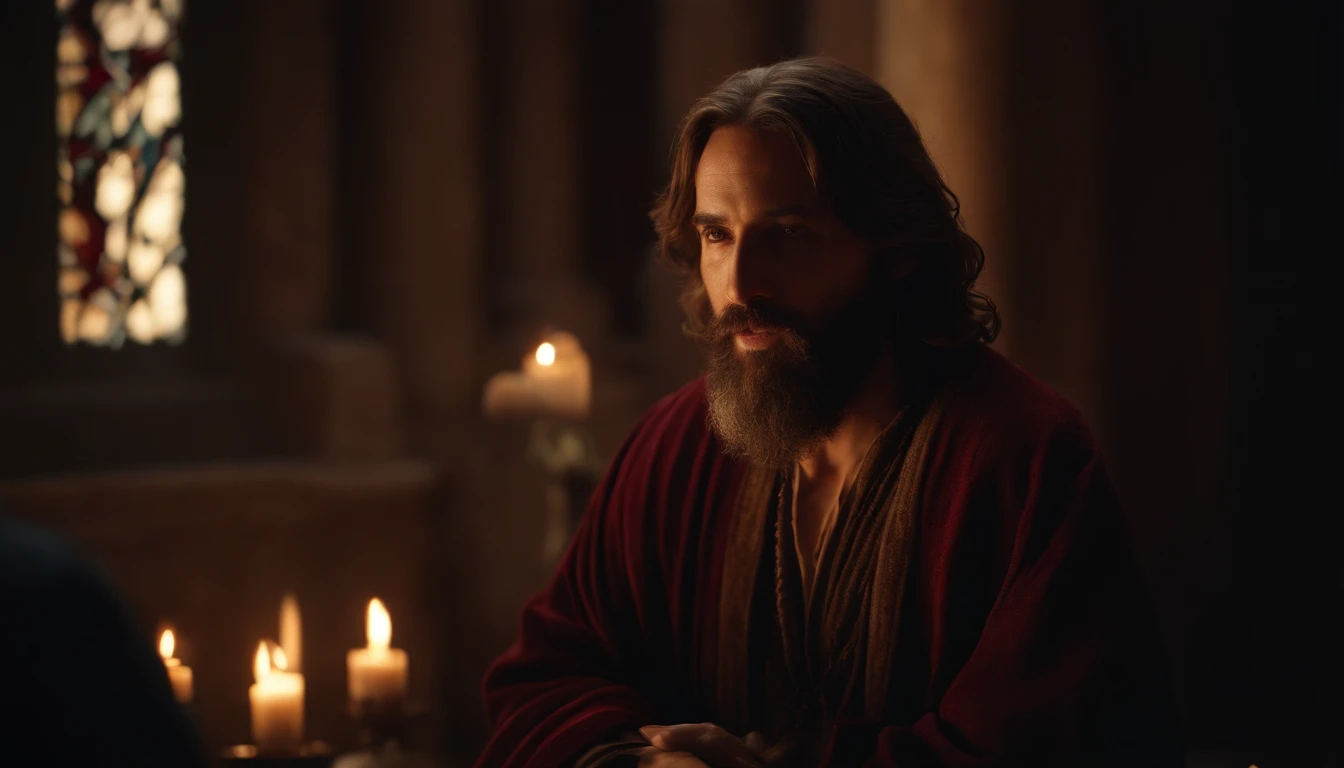 (best quality,4k,8k,highres,masterpiece:1.2),ultra-detailed,(realistic,photorealistic,photo-realistic:1.37),Jesus,Nicodemus,nighttime,religious art,painting,crimson robes,gentle illumination,holy atmosphere,stained glass windows,wisdom,faith,spiritual awakening,new life,deep conversation,transformation,life-changing moment,profound emotions,genuine connection,bright eyes,beard,veranda,serene expression,hope,divine light,inspiration,mysterious ambiance,quietude,sacred space,symbols of grace,heartfelt revelation,spiritual journey,spiritual rebirth,deep wisdom,religious symbolism