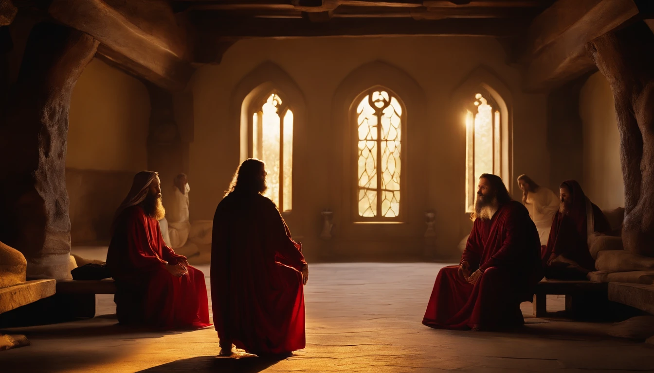 (best quality,4k,8k,highres,masterpiece:1.2),ultra-detailed,(realistic,photorealistic,photo-realistic:1.37),Jesus,Nicodemus,nighttime,religious art,painting,crimson robes,gentle illumination,holy atmosphere,stained glass windows,wisdom,faith,spiritual awakening,new life,deep conversation,transformation,life-changing moment,profound emotions,genuine connection,bright eyes,beard,veranda,serene expression,hope,divine light,inspiration,mysterious ambiance,quietude,sacred space,symbols of grace,heartfelt revelation,spiritual journey,spiritual rebirth,deep wisdom,religious symbolism