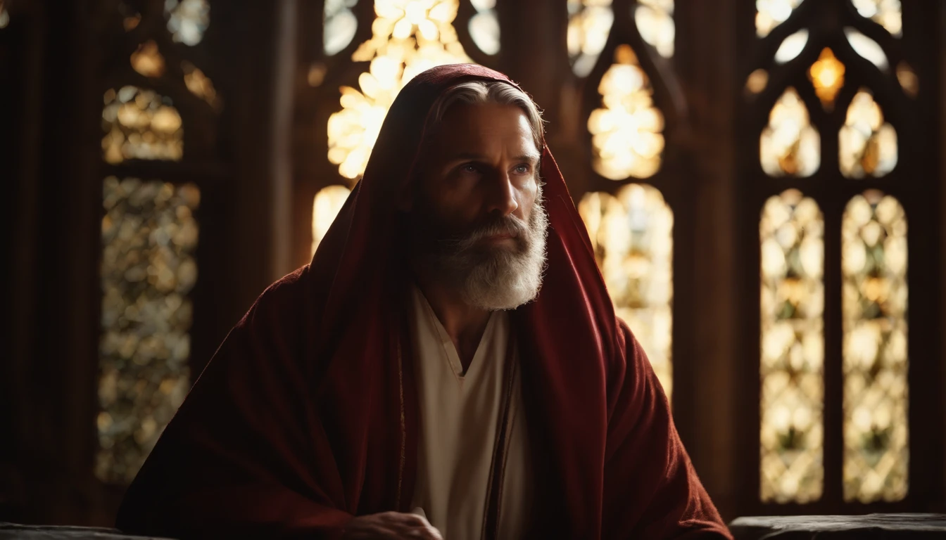 (best quality,4k,8k,highres,masterpiece:1.2),ultra-detailed,(realistic,photorealistic,photo-realistic:1.37),Jesus,Nicodemus,nighttime,religious art,painting,crimson robes,gentle illumination,holy atmosphere,stained glass windows,wisdom,faith,spiritual awakening,new life,deep conversation,transformation,life-changing moment,profound emotions,genuine connection,bright eyes,beard,veranda,serene expression,hope,divine light,inspiration,mysterious ambiance,quietude,sacred space,symbols of grace,heartfelt revelation,spiritual journey,spiritual rebirth,deep wisdom,religious symbolism