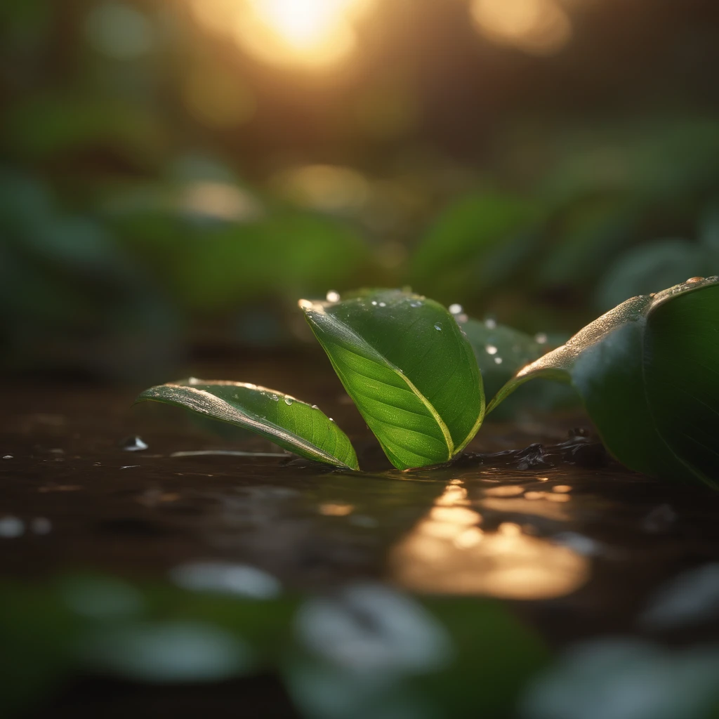 Uma formiga jaz em uma folha,There is dew on the edges of the leaves,magic hour,photorealistic cinematic render, cinematic 3d render, realistic cgi render, depicted as a 3D rendering +1