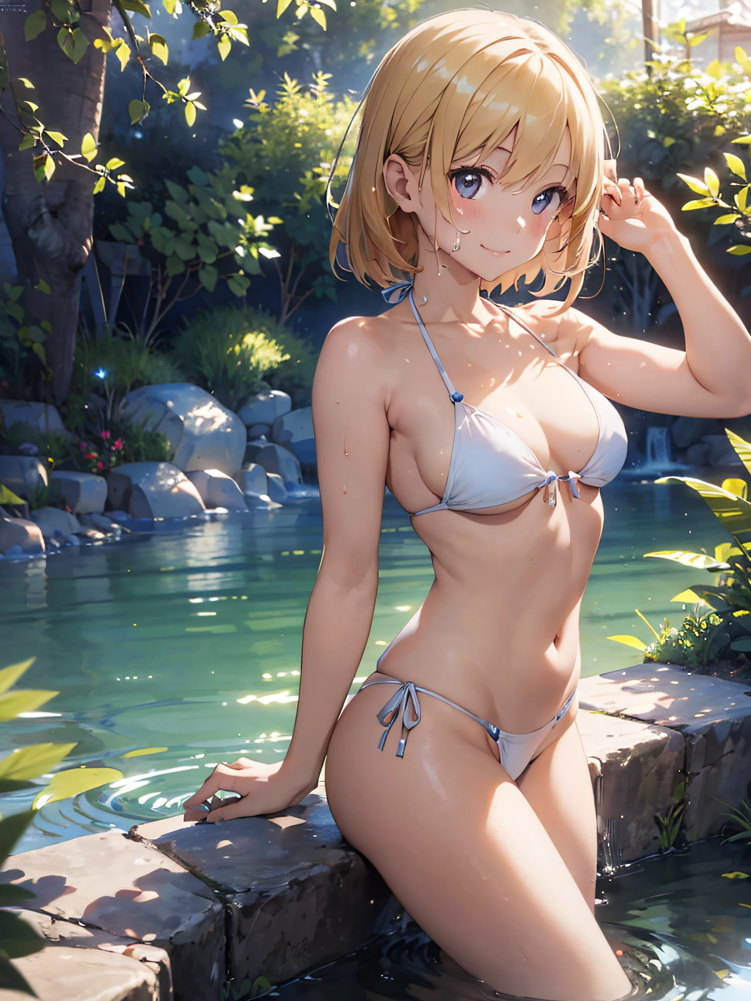 (masterpiece:2.0), (top-quality:2.0), (soaking in a hot spring:1.5), (extremely small white thong bikini:1.5), (super sexypose:1.5), (view from the side:1.5), (blushed face:1.3), (hide chest with hand:1.3), (super thin fabric:1.5), (Spilling boobs:1.4), (realistic:1.5), under the boobs, side boob is visible, naked, 1 girl, precise small hands, Embarrassed look, light smile, Look at me and smile, extremely cute girl, innocent face, young face, Clear eyes, Shining eyes, small breast, shoulder is visible, Tummy is visible, cleavage of the breast is visible, stomach is visible, the lower abdomen is visible, The buttocks is visible, The crotch is visible, No pubic hair, dynamic posing, The beautiful skin, ultra-definition, Top resolution, golden hair