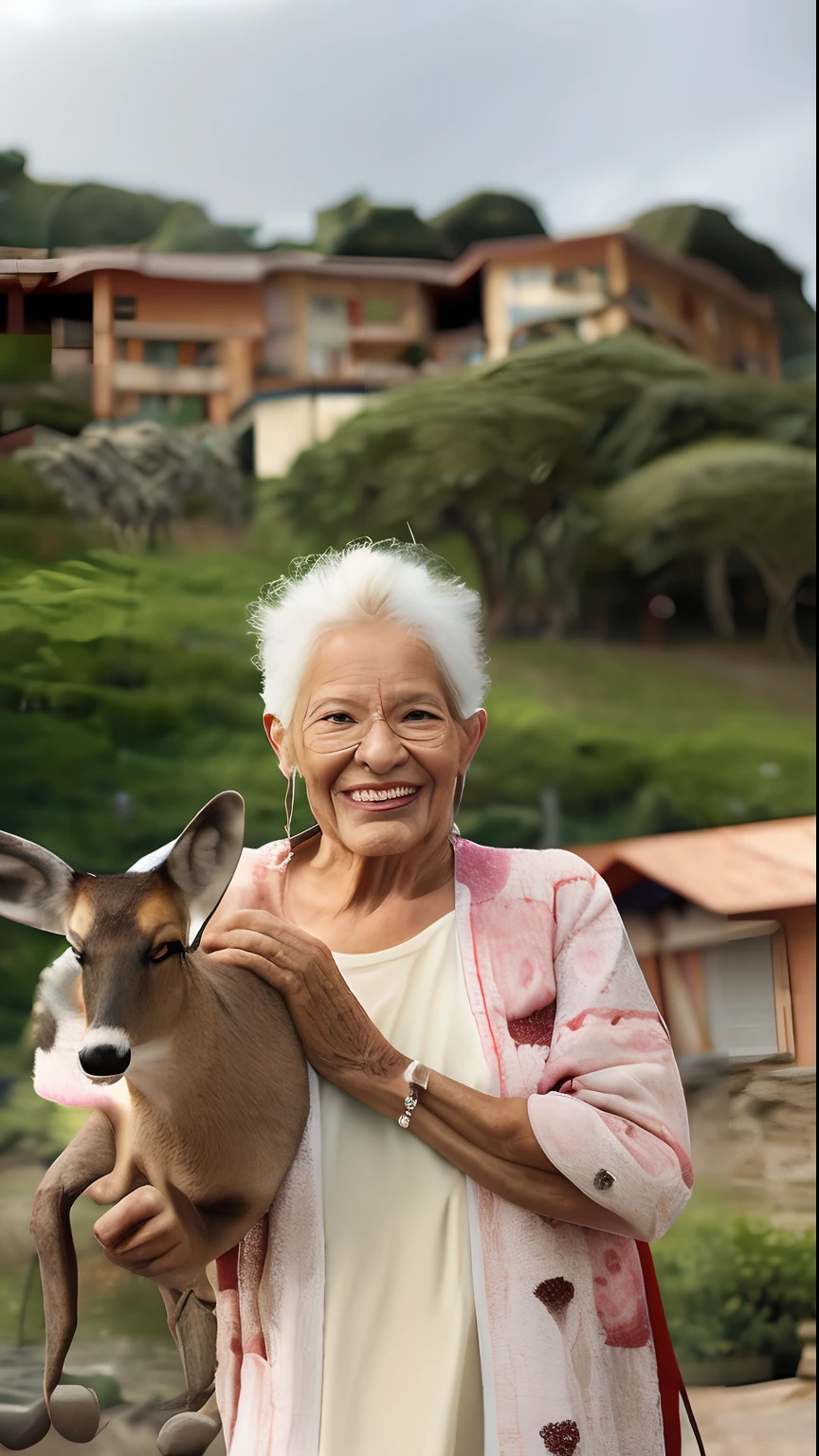 An old woman holding a newly recovered deer, with a look of affection and gratitude. Ao fundo, a vila nas montanhas se estende, showing houses and trees