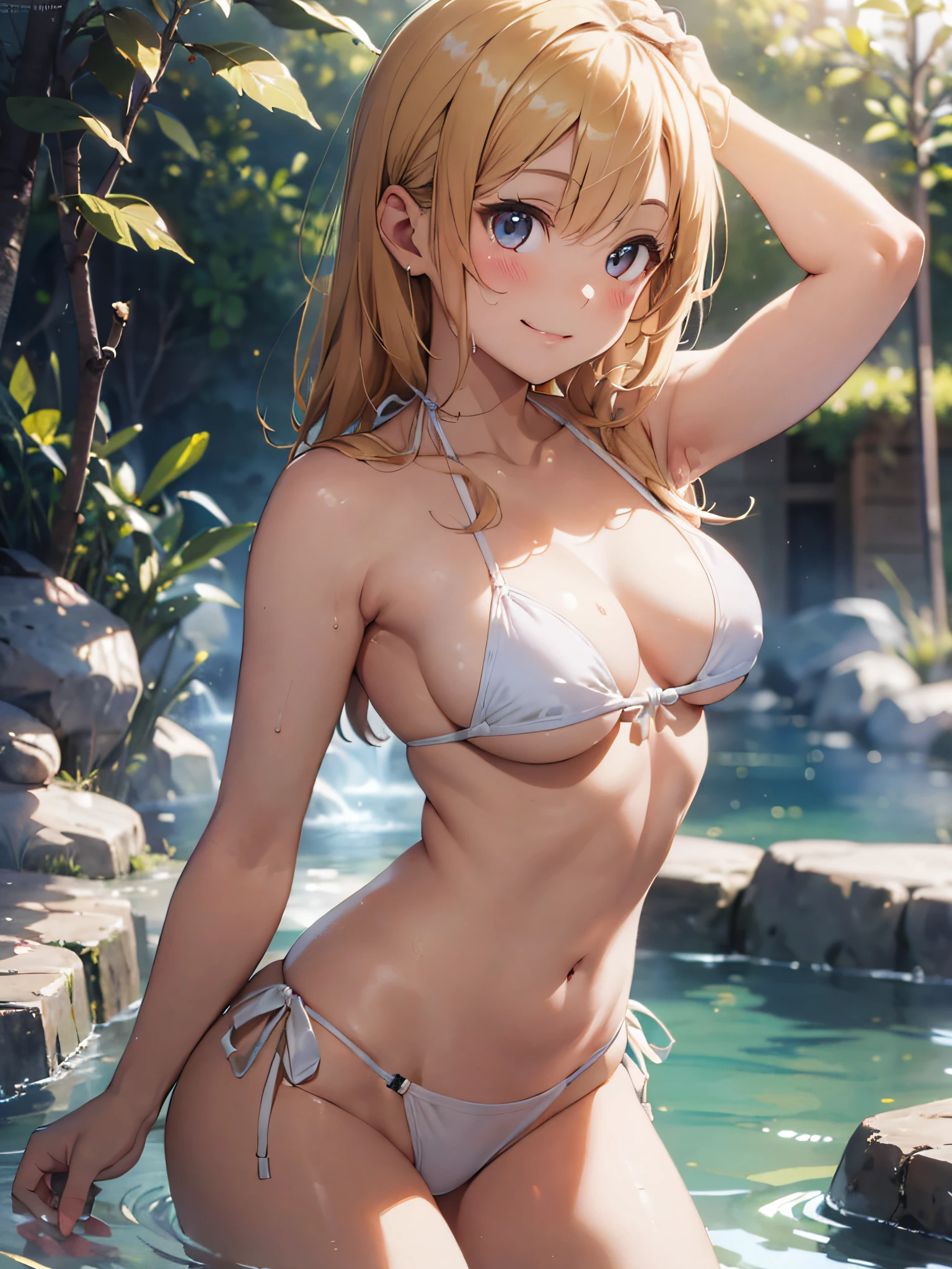 (masterpiece:2.0), (top-quality:2.0), (soaking in a hot spring:1.5), (extremely small white thong bikini:1.5), (super sexypose:1.5), (view from the side:1.5), (blushed face:1.3), (hide chest with hand:1.3), (super thin fabric:1.5), (Spilling boobs:1.4), (realistic:1.5), under the boobs, side boob is visible, naked, 1 girl, precise small hands, Embarrassed look, light smile, Look at me and smile, extremely cute girl, innocent face, young face, Clear eyes, Shining eyes, small breast, shoulder is visible, Tummy is visible, cleavage of the breast is visible, stomach is visible, the lower abdomen is visible, The buttocks is visible, The crotch is visible, No pubic hair, dynamic posing, The beautiful skin, ultra-definition, Top resolution, golden hair