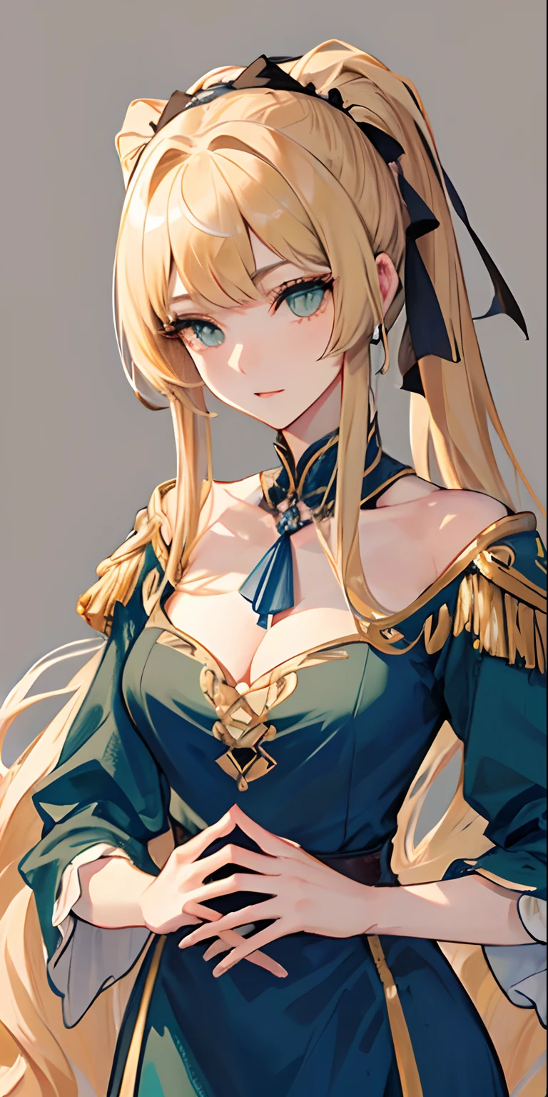 (an extremely delicate and beautiful lady),独奏,(20s),(domineering lady),((cavalier)),(Delicate face),(Beautiful detailed eyes),((Green_Eyes)),((Sharp_Eyes)),(Long_eyeslashes),Blonde_Hair,(pony tails),(Disheveled hair),hair between eye,meduim_Chest hair_ribbon,((Blue_Golden_uniform)),