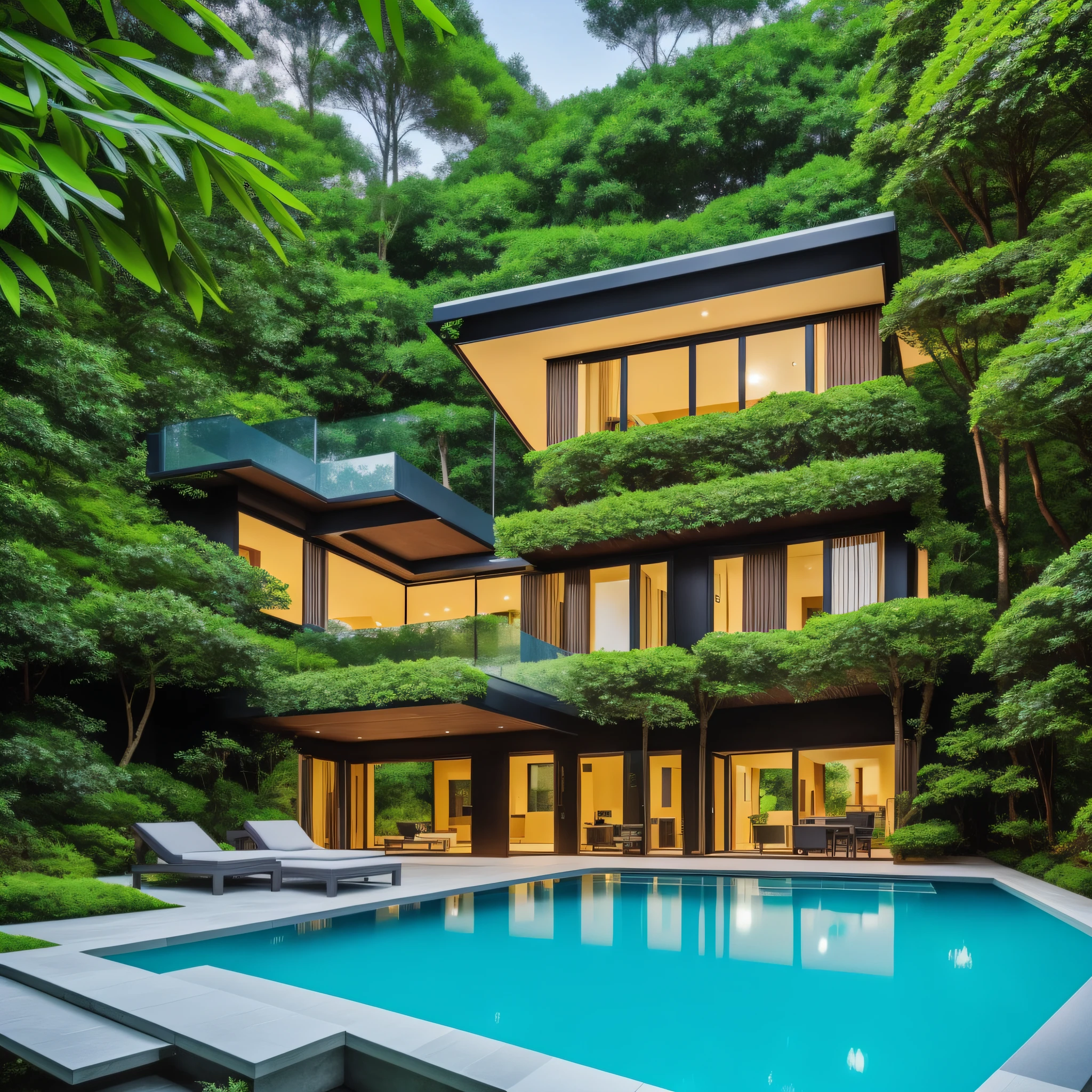 (superwide shot),(Best Masterpiece),in 8K,Modern rectangular glazed villa in the middle of a hill,Wide windows,densely wooded,Leaves are blue々and,The stream is babbling。The visuals are beautiful and beautiful,Night lighting effects