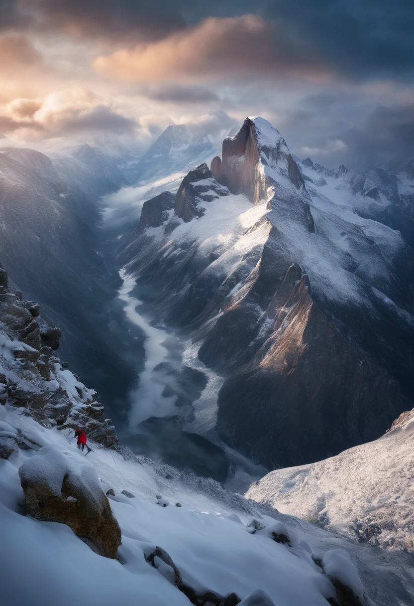 Best Quality, masuter piece, 超A high resolution, (Photorealistic:1.4), Raw photo, Professional Lighting, high-level image quality, high-detail, masterpiece、Snow-capped climbing