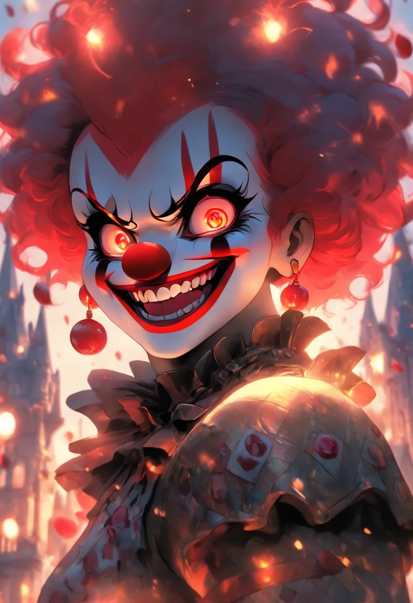(clown power armor), ((little girl)) , (gothic style), dark skin , bellybutton, The most beautiful and sexy demon goddess, long ashy hair, glowing red eyes, wearing detailed black gothic battle armor, (tattoos and piercings), gothic castle, perfect masterpiece, high quality, high resolution, ((horror girl)), blood big armor, naked, ,FFIXBG, ((a heart on the nipple)), ram's horns gaze, smile, 8k, clear eyes, sharp pupils like a cat, (((clown makeup))),