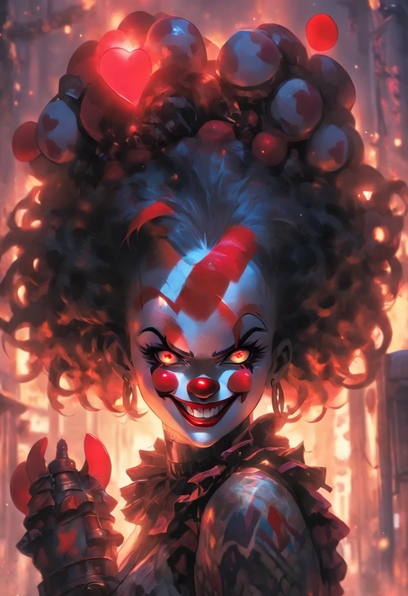 (clown power armor), (()) , (gothic style), dark skin , bellybutton, The most beautiful and sexy demon goddess, long ashy hair, glowing red eyes, wearing detailed black gothic battle armor, (tattoos and piercings), gothic castle, perfect masterpiece, high quality, high resolution, ((horror girl)), blood big armor, naked, ,FFIXBG, ((a heart on the nipple)), ram's horns gaze, smile, 8k, clear eyes, sharp pupils like a cat, (((clown makeup))),