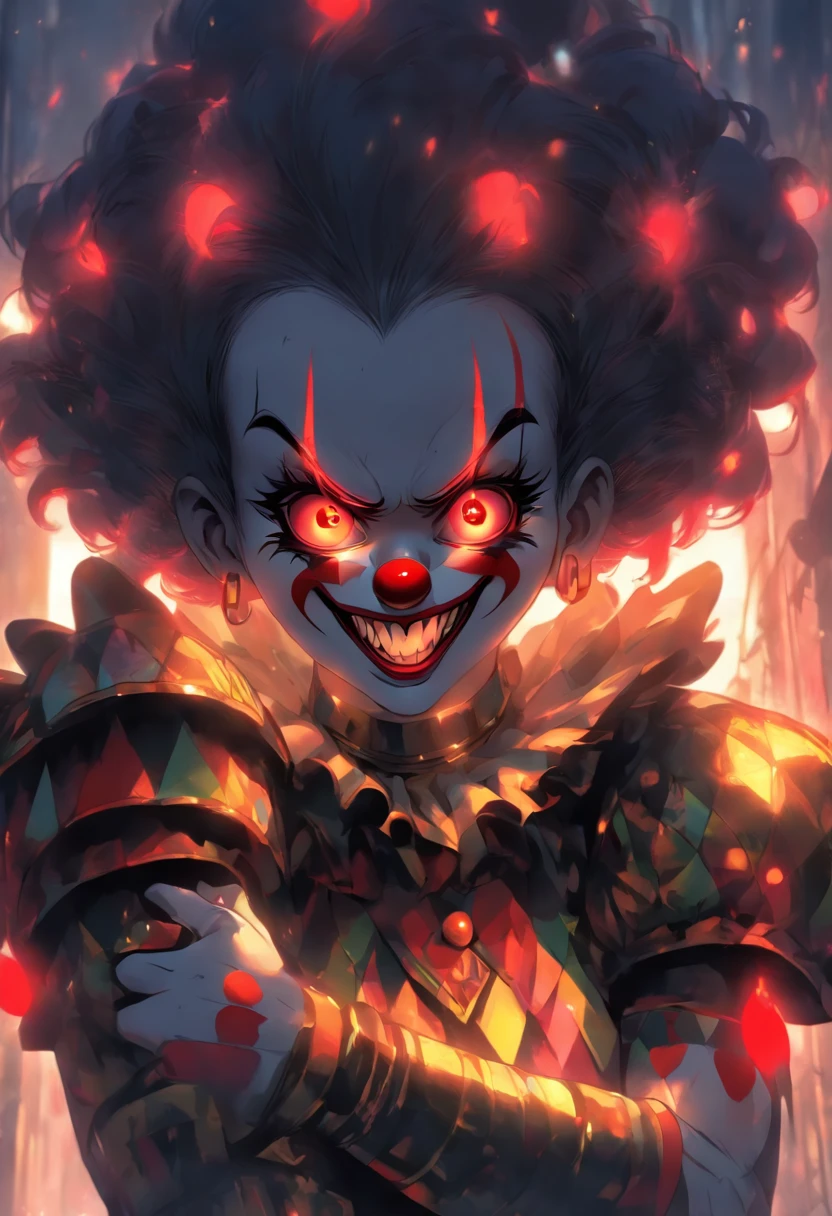 (clown power armor), ((little girl)) , (gothic style), dark skin , bellybutton, The most beautiful and sexy demon goddess, long ashy hair, glowing red eyes, wearing detailed black gothic battle armor, (tattoos and piercings), gothic castle, perfect masterpiece, high quality, high resolution, ((horror girl)), blood big armor, naked, ,FFIXBG, ((a heart on the nipple)), ram's horns gaze, smile, 8k, clear eyes, sharp pupils like a cat, (((clown makeup))),