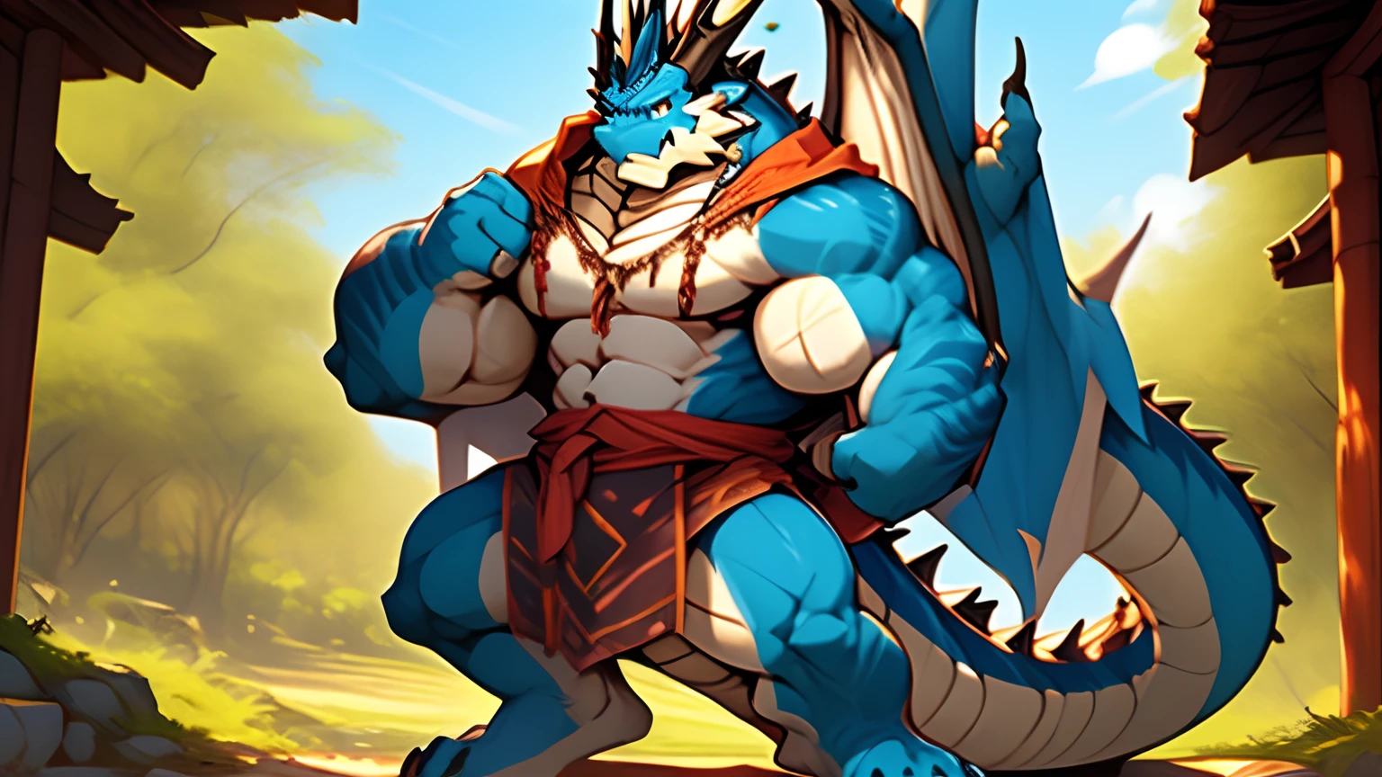 Japanese sumo，Solo, male anthro-dragon), standing on your feet,, cheeky face, Wide face, Broad shoulders, Muscular, buff, Strong, Tall, Giant, Huge amounts of pubic, immensity, Gigantic, large biceps, large pecs, Blue body, Blue skin, Yellow eyes,Hood cloth， detailed crotch, massive bulge，Blue body,White belly，Ancient male dragons have long hair，Tribal community landscape，Tribal Wars，Spear in hand