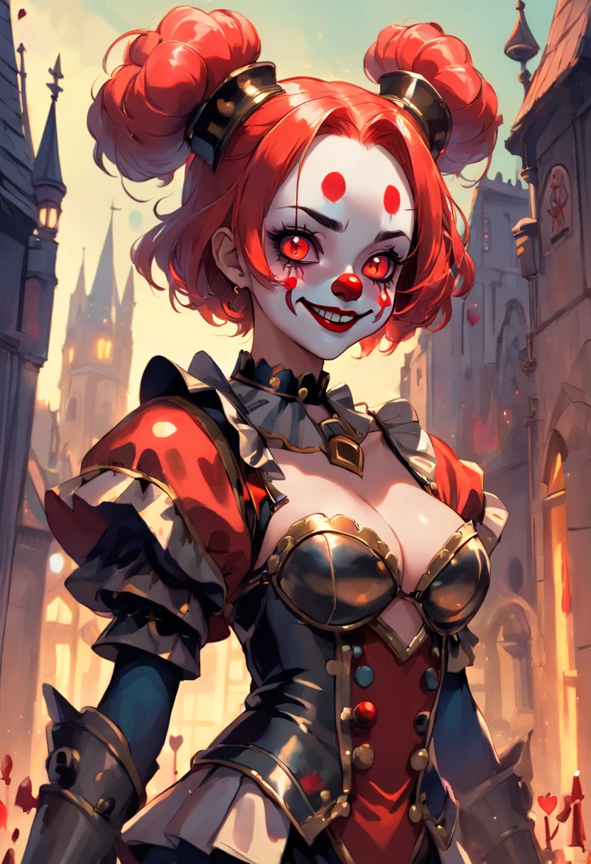 (clown power armor), (()) , (gothic style), dark skin , bellybutton, The most beautiful and sexy demon goddess, long ashy hair, glowing red eyes, wearing detailed black gothic battle armor, (tattoos and piercings), gothic castle, perfect masterpiece, high quality, high resolution, ((horror girl)), blood big armor, naked, ,FFIXBG, ((a heart on the nipple)), ram's horns gaze, smile, 8k, clear eyes, sharp pupils like a cat, (((clown makeup))),