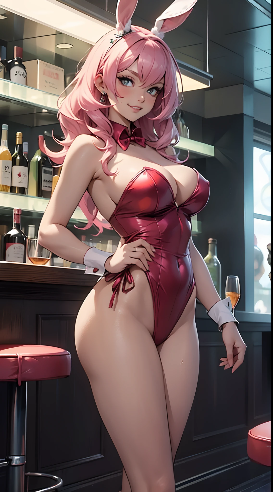 Pinkie Pie, Huge-breasts, Lush breasts, Elastic breasts, hairlong, Luxurious hairstyle, playboy bunny, bunny ears, bunny tail, pink bunny suit, Leotard, Elegant high heels, Evil grin, In a bar, Fighting stance, Fight, in full height, in full height, super detail, ccurate, best quality, 16k, HD, 1080P, anatomically correct, super detail