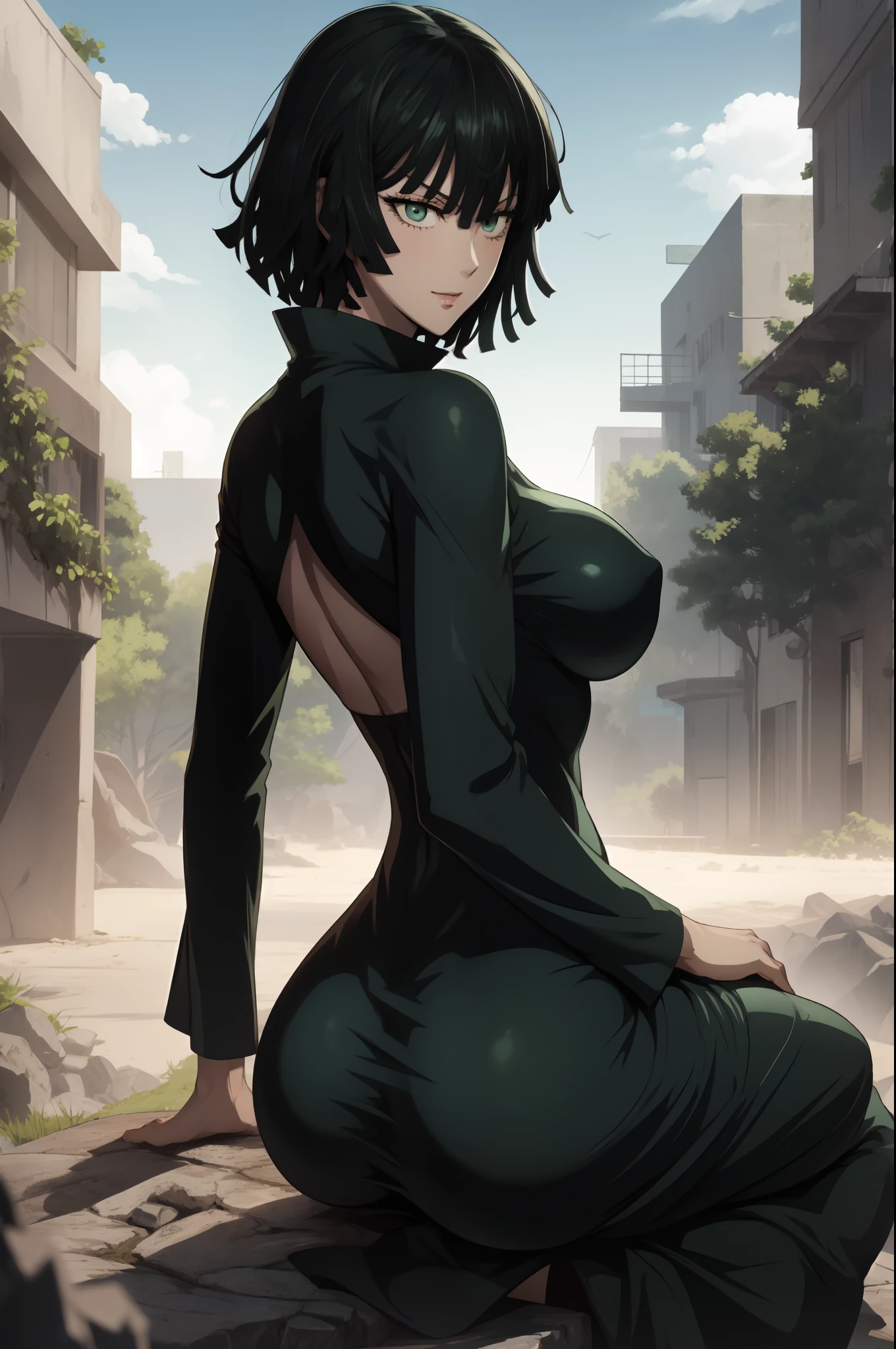 Anime art style, Fubuki from one punch man, green hair, white skin, wearing V-neck dress, sitting on destroyed rock, cinematic lights, blushing cheeks, smiling, big breast, big booty, NSFW, back view.