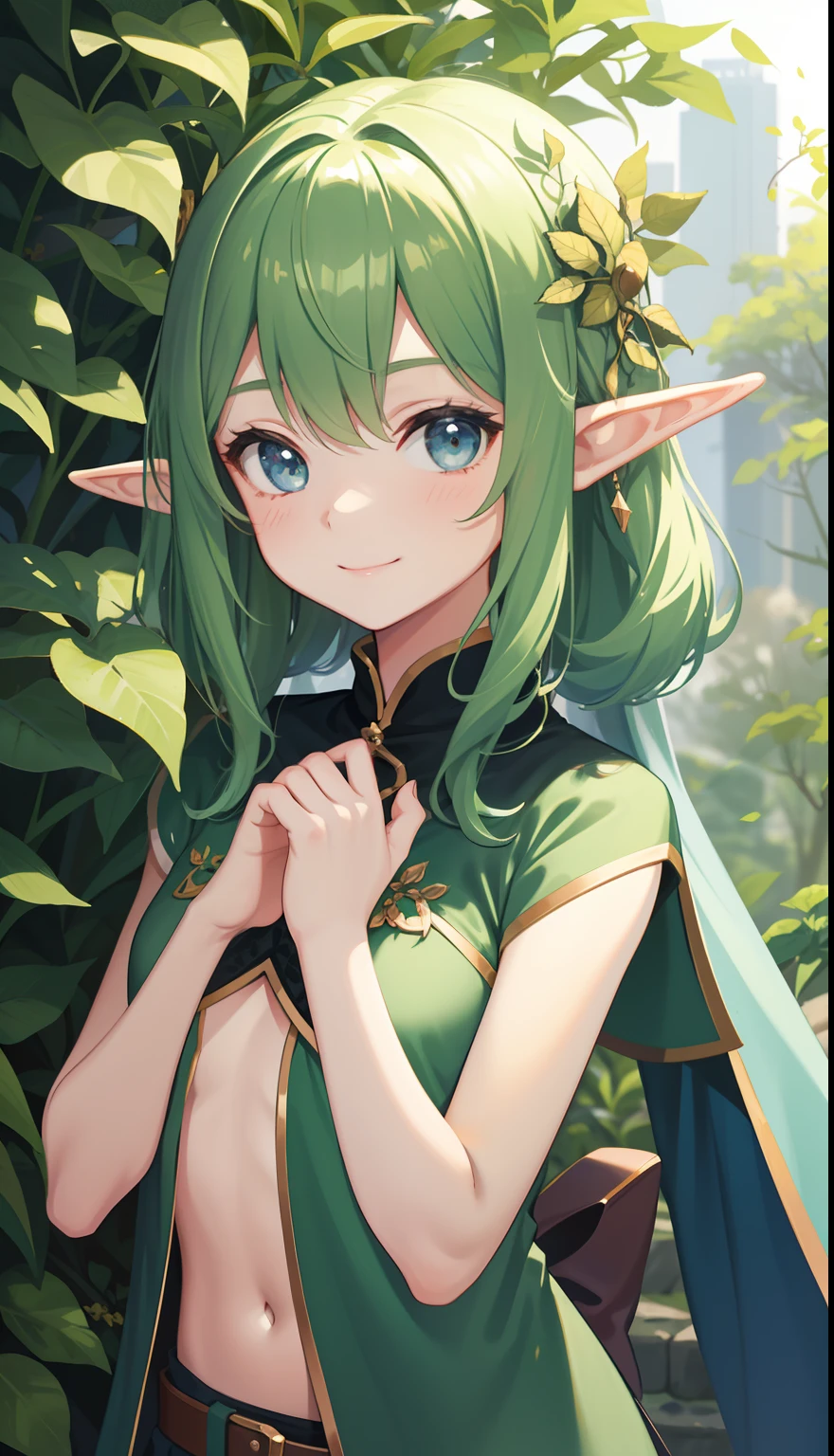 1girl in、AS-Adult、A smile、the elf、forester、(small tits)Upper body portrait、