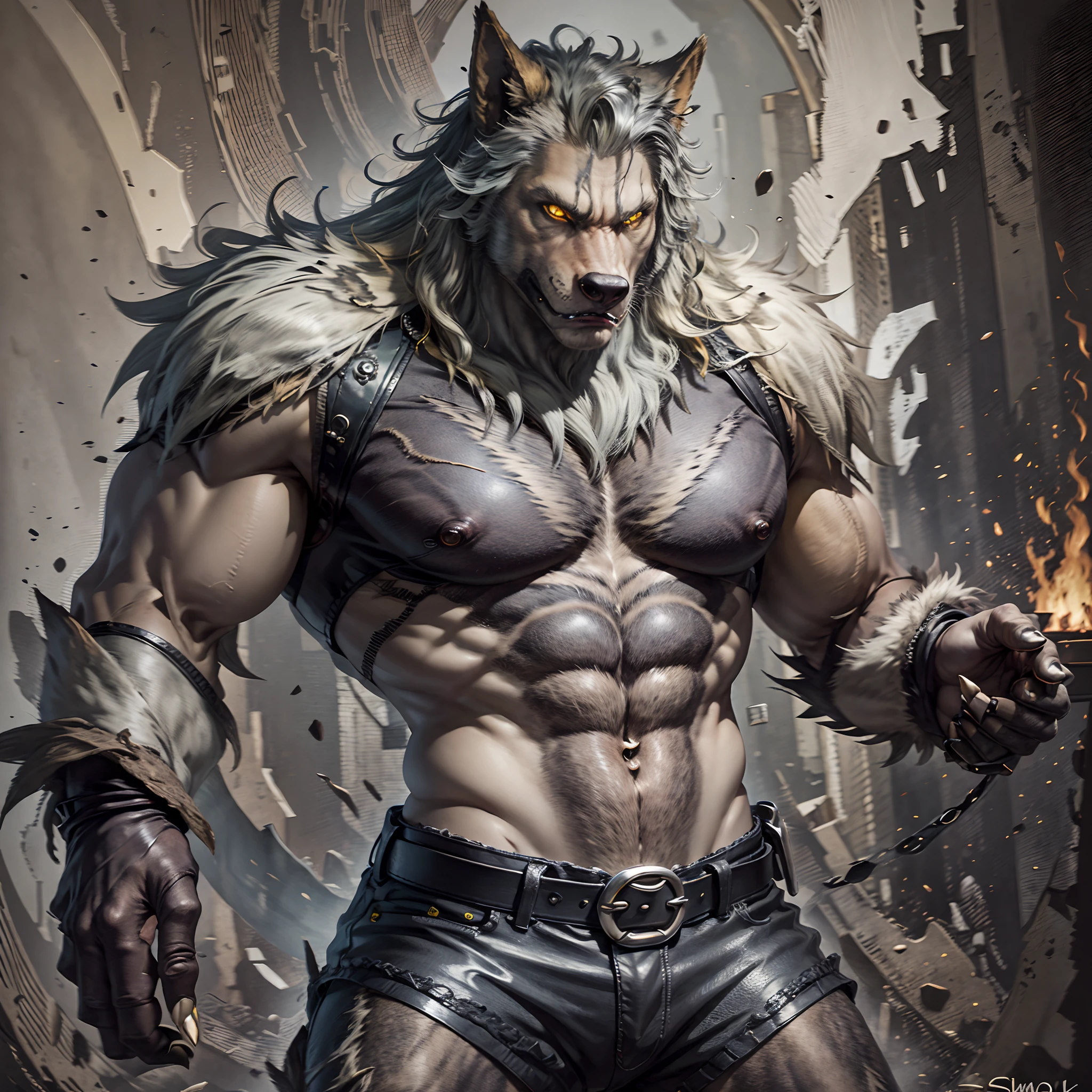 Werewolf guy, big, scary, yellow eyes, blackish gray fur, has black claws and is wearing black leather shorts --auto --s2