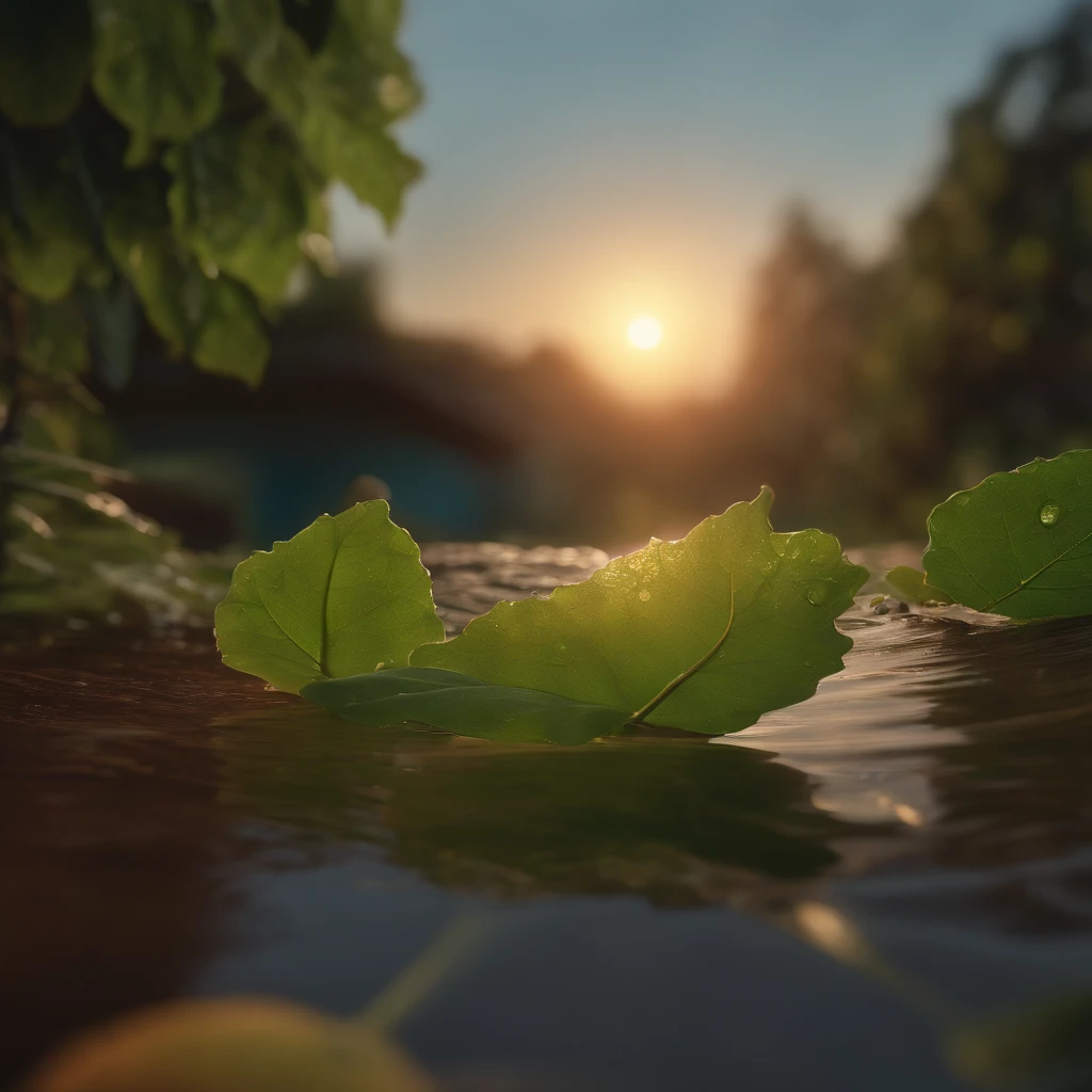 Uma formiga jaz em uma folha,There is dew on the edges of the leaves,magic hour,photorealistic cinematic render, cinematic 3d render, realistic cgi render, depicted as a 3D rendering