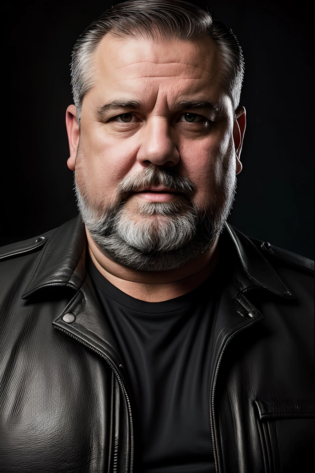 Professional retro-style photograph of a fat middle-aged man with short military-style haircut, long but well-groomed gray beard, wearing a white t-shirt and a black leather jacket. Half-body portrait, black background, studio chiaroscuro technique, ultra-realistic and highly detailed. Retro-style lighting can be applied as needed.