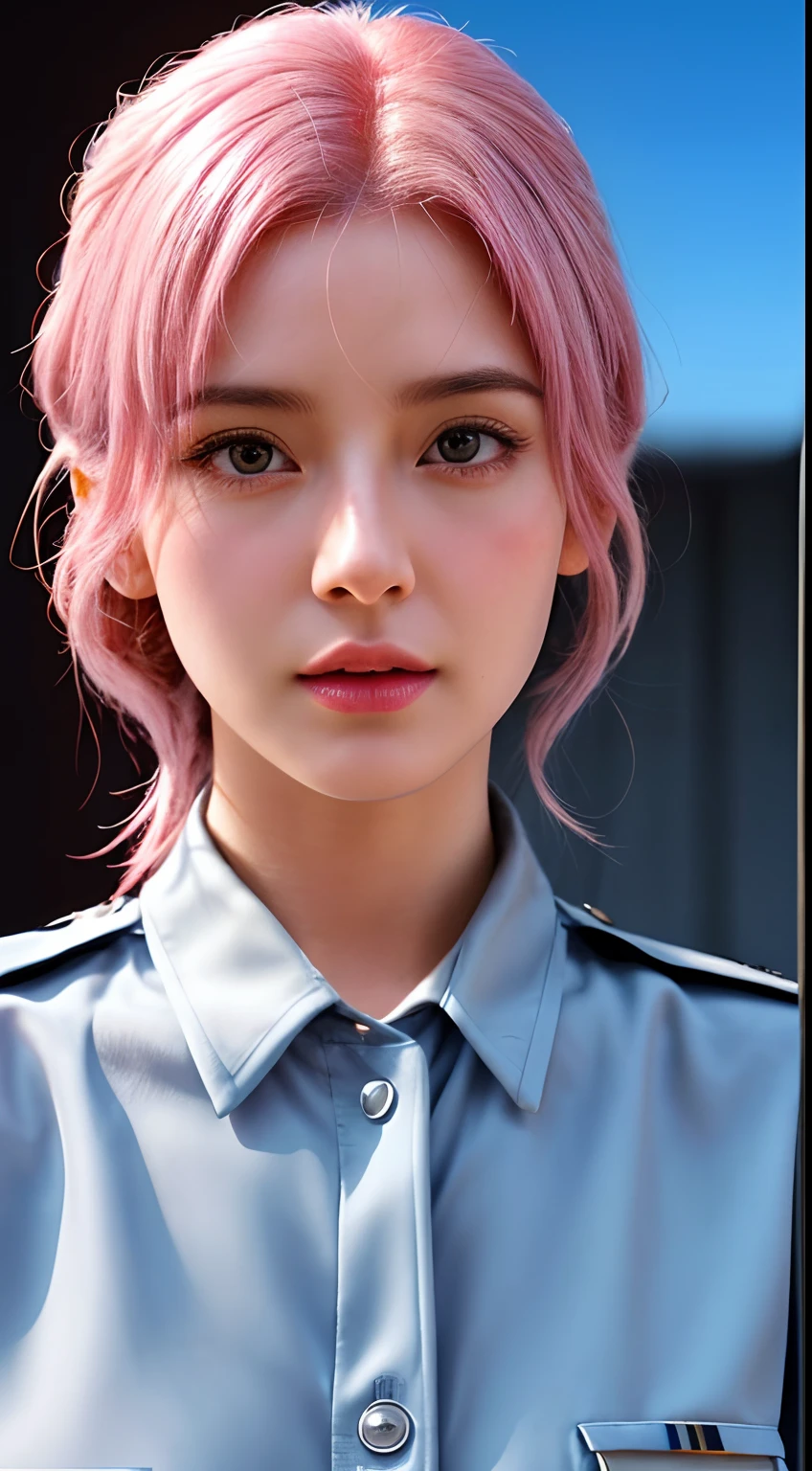 Movie Cover Image,Like a Real Person,Polite Dress,War War Fighter Action Cover Image),(Movie Reference Foundation : 1.8 ),Realistic,White Air Force General Uniform,(Realistic Face Resolution),Cinematic Poses,Skinny,Small,1 Womam, pink hair, midshot, centered image, ultra detail, extremely face detail, extremely eye detail