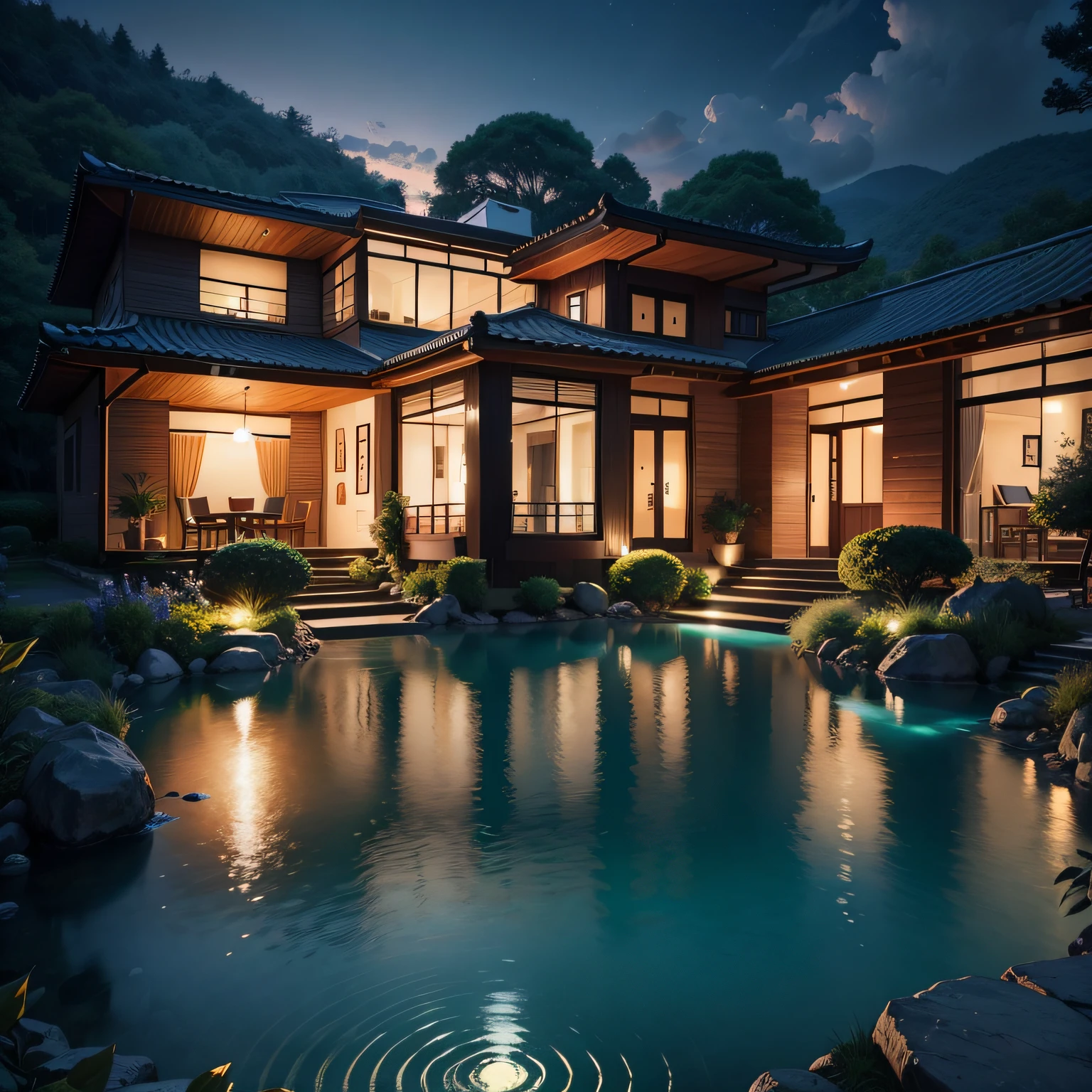 (superwide shot),(Best Masterpiece),in 8K,Modern rectangular glazed villa in the middle of a hill,Wide windows,densely wooded,The leaves are blue々And,The stream is babbling。The visuals are beautiful and beautiful,Night Light Effect