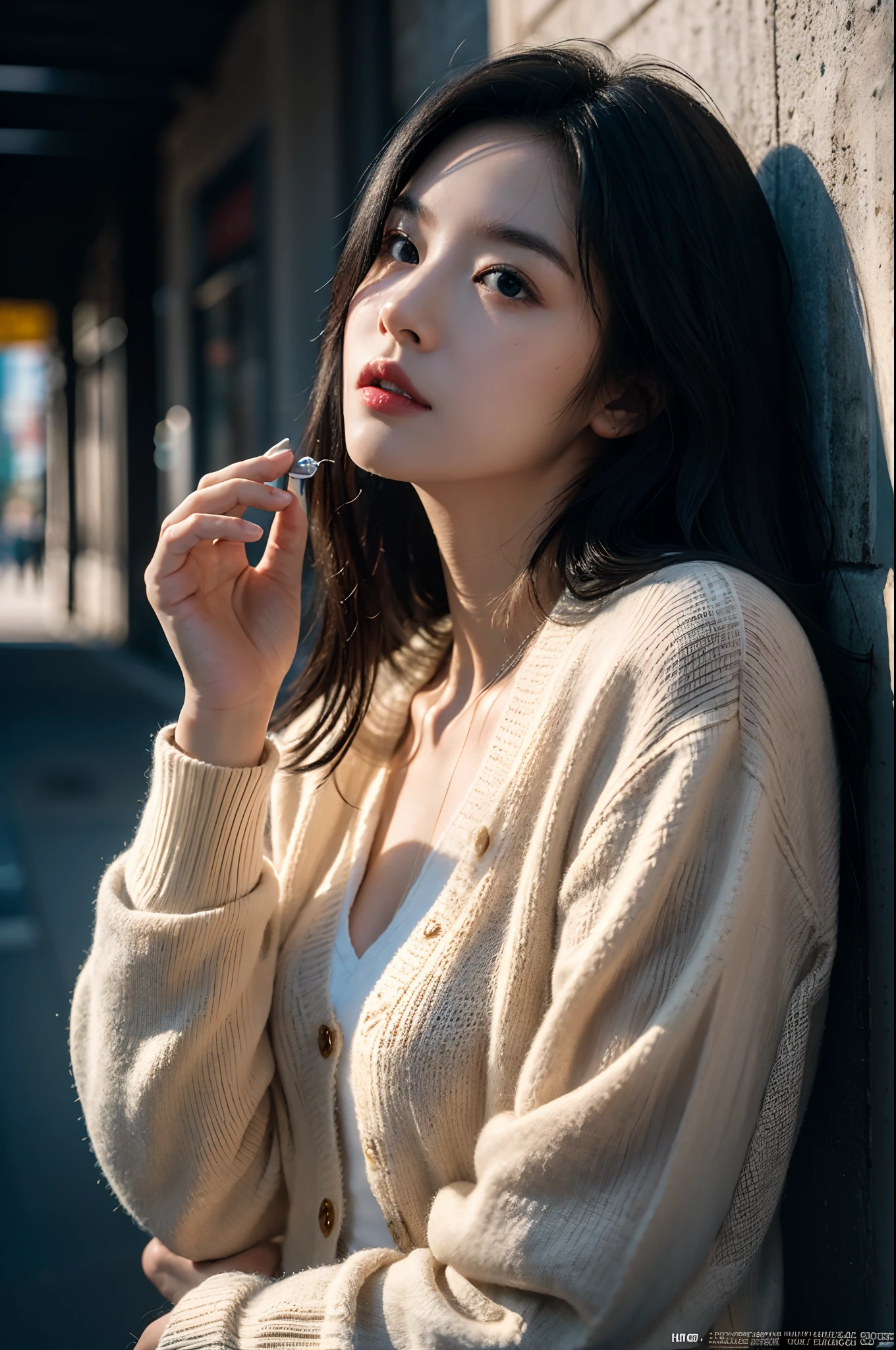 masterpiece, bestquality, ultra-high resolution (Realism: 1.4), Original photo, 35mm lens., F1 aperture.4, Movie Poster, light and shadow, a girl, In White Cardigan, Long black hair, real skin, (skin details: 1.3),