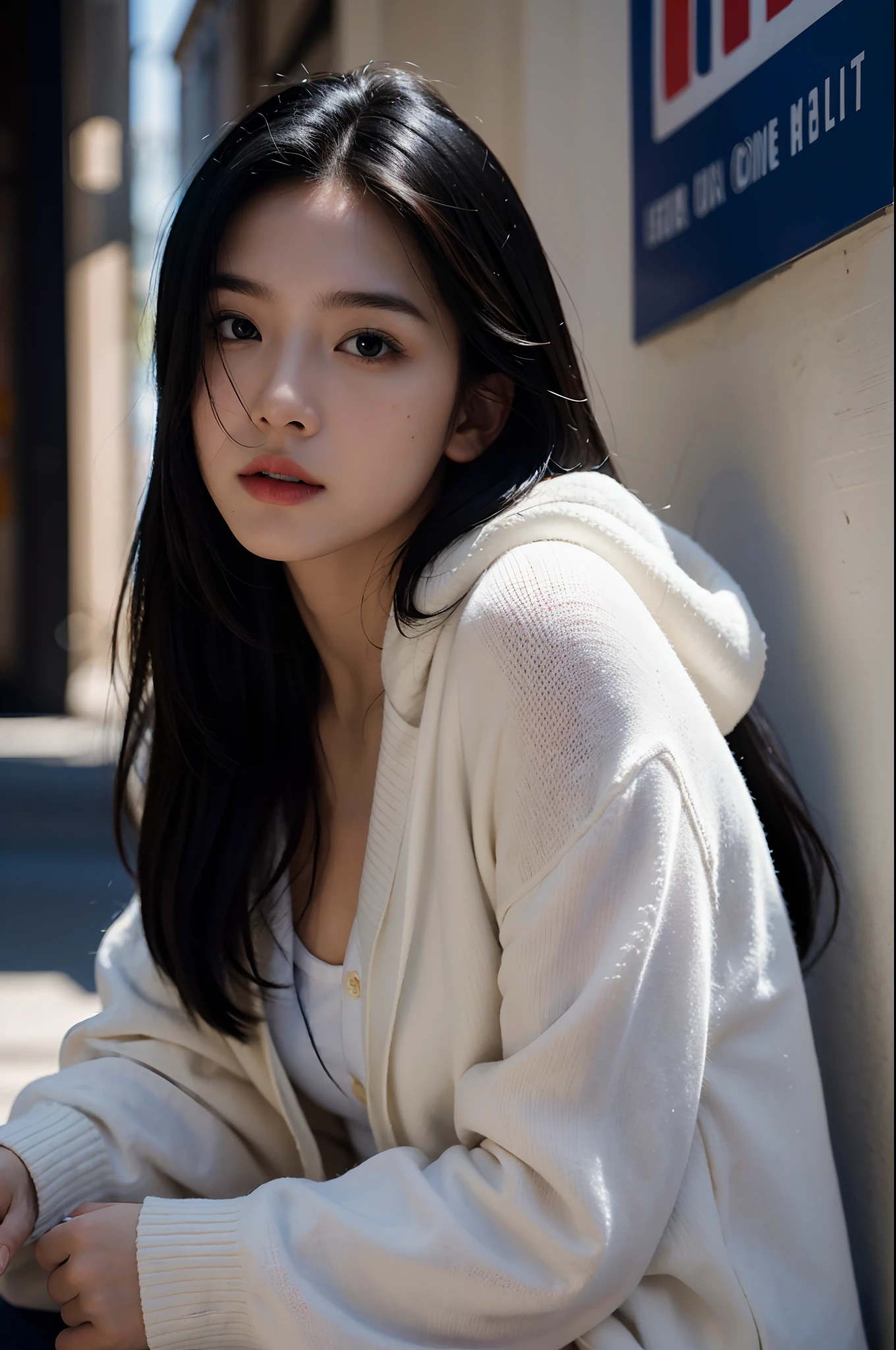 masterpiece, bestquality, ultra-high resolution (Realism: 1.4), Original photo, 35mm lens., F1 aperture.4, Movie Poster, light and shadow, a girl, In White Cardigan, Long black hair, real skin, (skin details: 1.3),