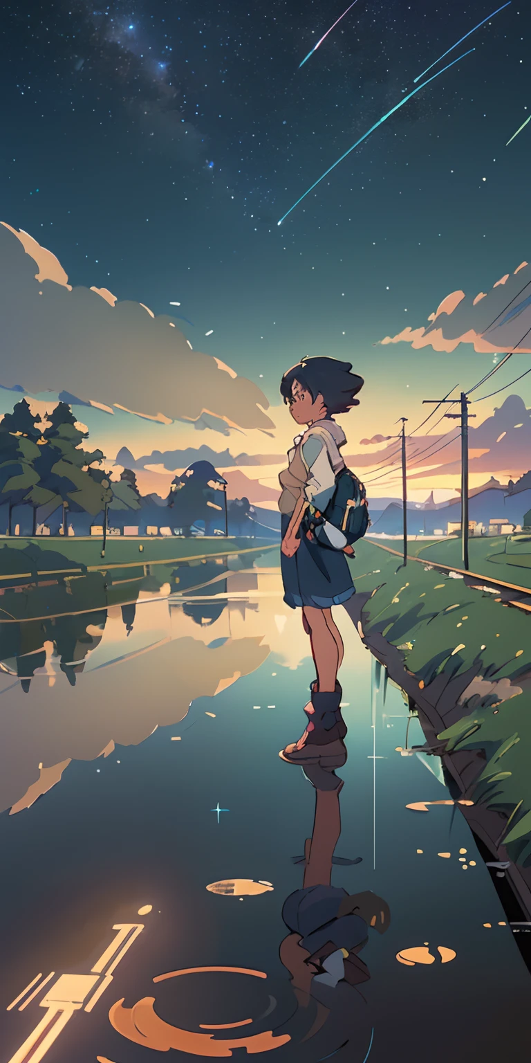 High-quality masterpieces, Landscapes, Clouds, Anime trains pass bodies of water on distant tracks, Bright starry sky. Traveler, Romantic lights, Pisif, concept-art, Lofi art style, Reflection. Makoto Shinkai, Raffe Art, beautiful anime scenes, Anime landscapes, Detailed view — width 672, Makoto Shinkai's style, Makoto Shinkai's style, Enhanced detail.